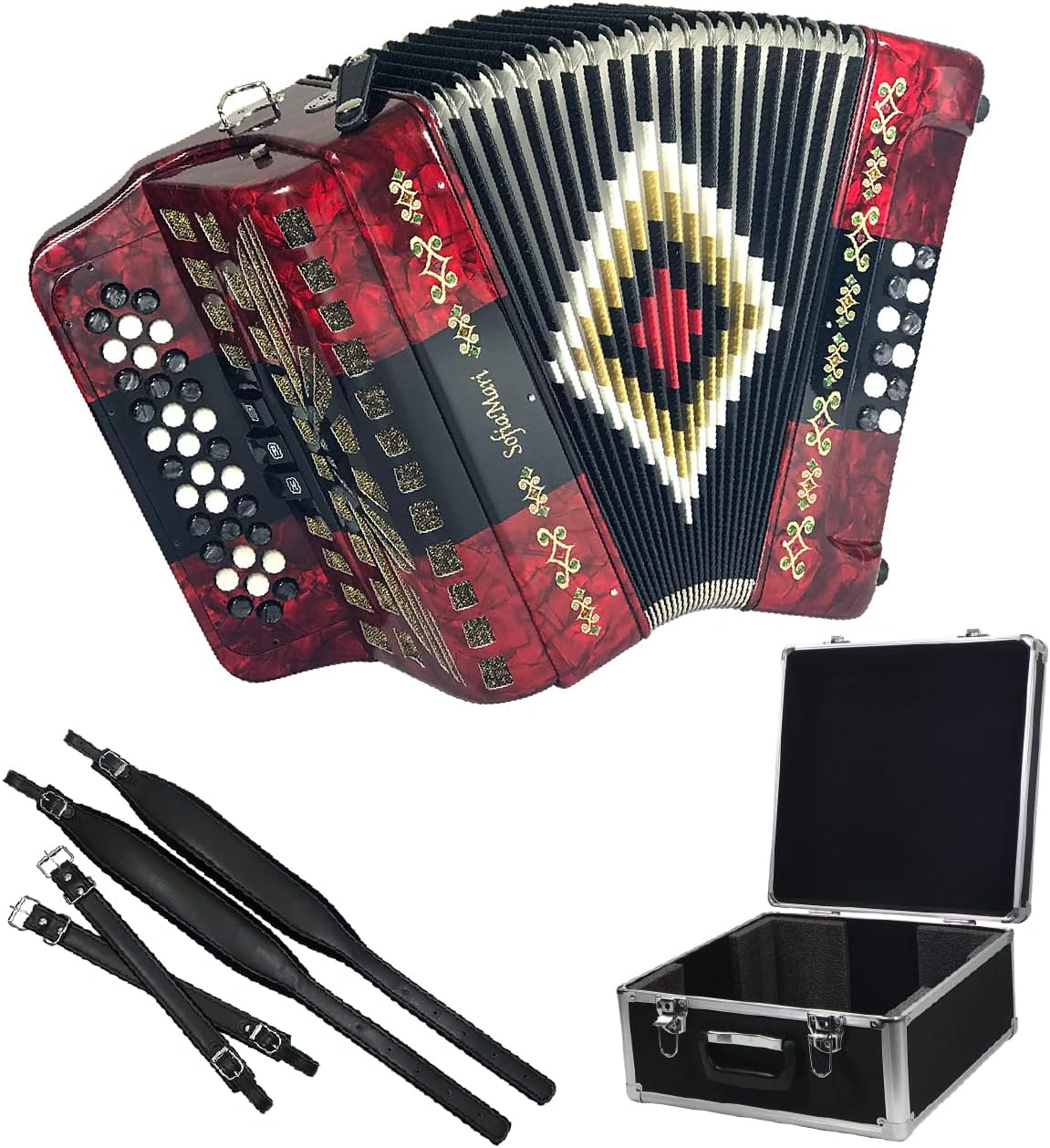 NSM3412 Accordion Package: 34 Button, 12 Bass, 3 Switch Accordion with Case and Straps (Mi/EAD, Red Black Red)