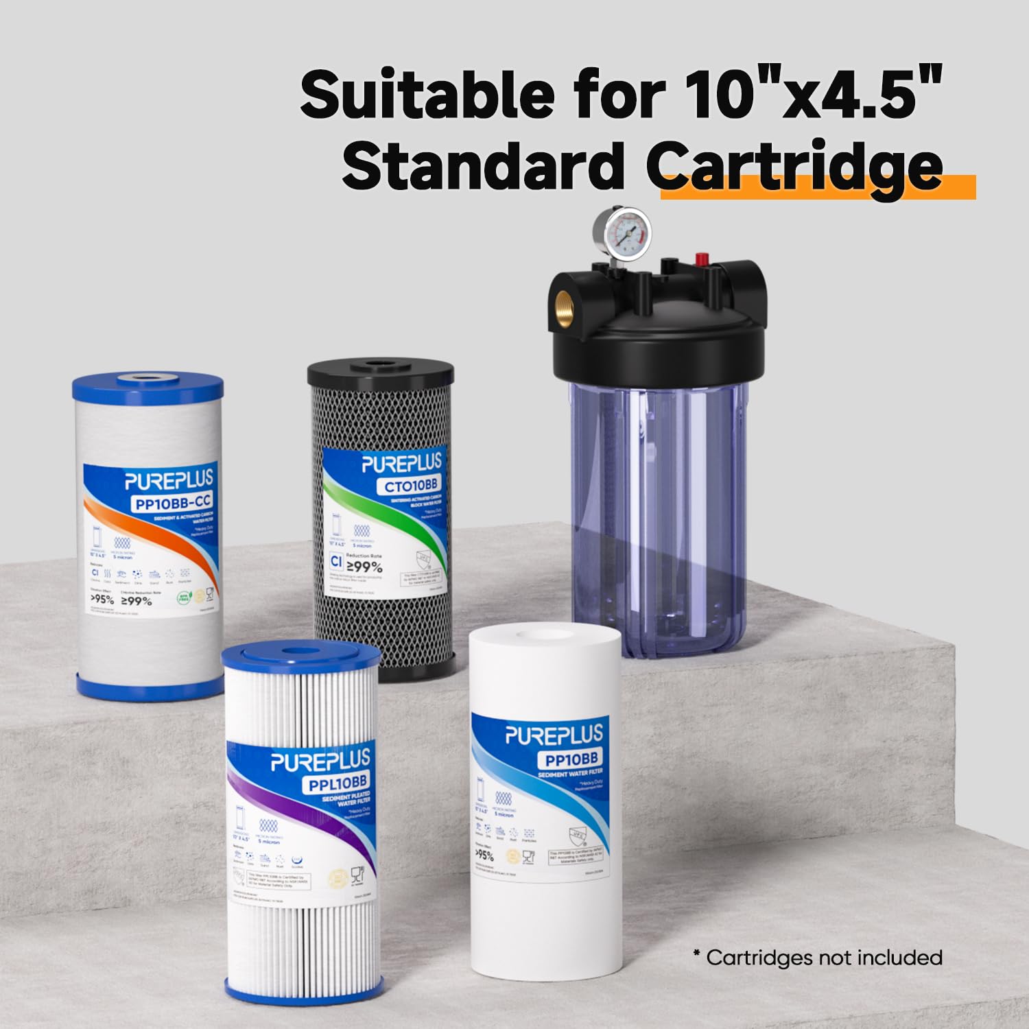 PUREPLUS Alloggiamento per filtro dell'acqua per tutta la casa, alloggiamento universale, sistema di prefiltrazione, con manometro, NPT da 1 pollice