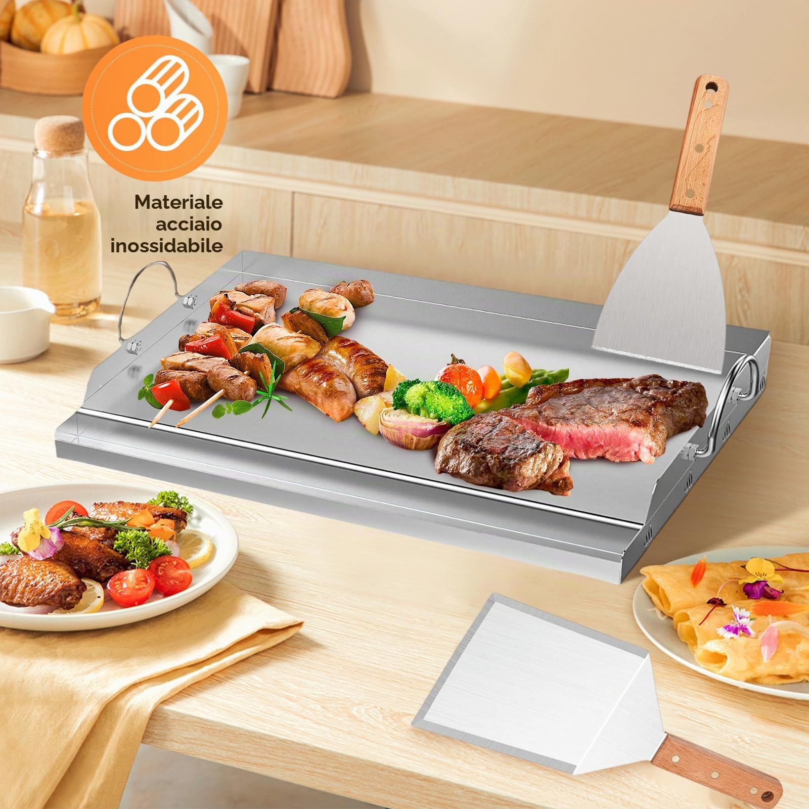 Plancha - Set di piastre per barbecue, 58 x 40 cm, con spatola e raschietto per barbecue, in acciaio inox con protezione antiscottatura e spatola per grigliare con manico in legno per barbecue a gas