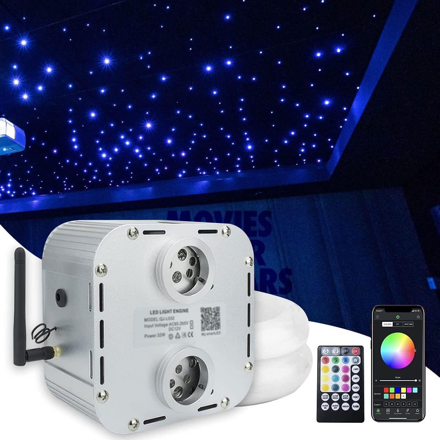 AMKI High Power Dual Head 32W Twinkle Mixed1110pcs Fiber Optic Starlight Headliner Kits 16.5ft Cable RGBW Sound Activated APP/Remote Control for Movie Theater Home Pool Roof Ceiling Decoration