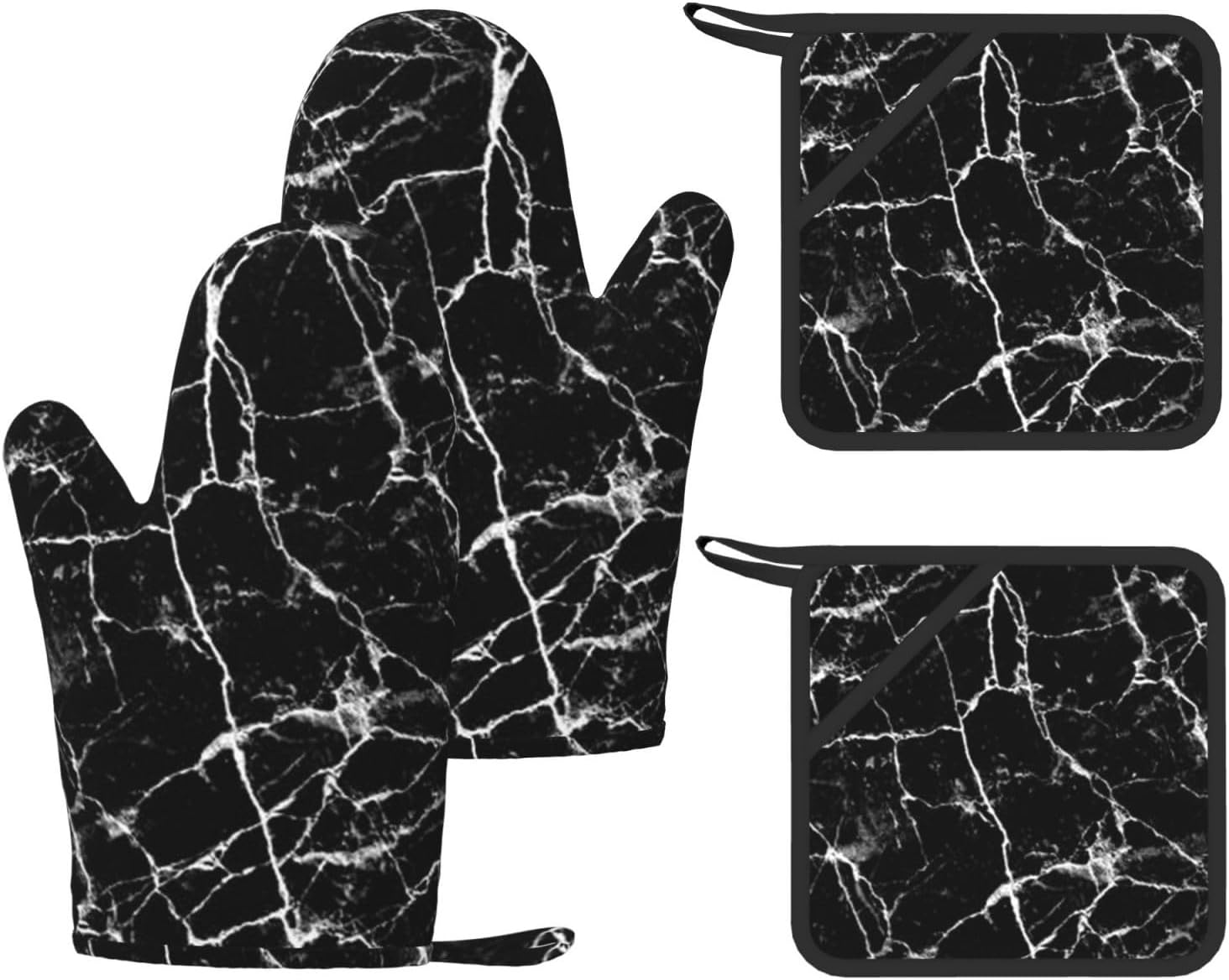Black Marble Oven Mitts and Pot Holders Set of 4 Heat Resistant Kitchen Gloves with Silicone Palm Hot Pads for Baking Cooking Grilling BBQ