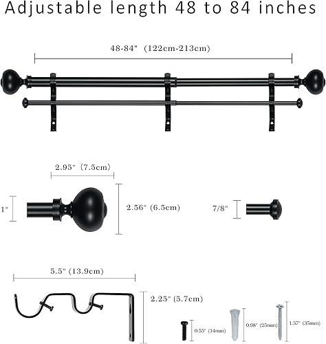 Miniatura 9 de eTeckram Barra de cortina doble de 1 pulgada con remates de urma - 84 a 120 pulgadas, níquel arena