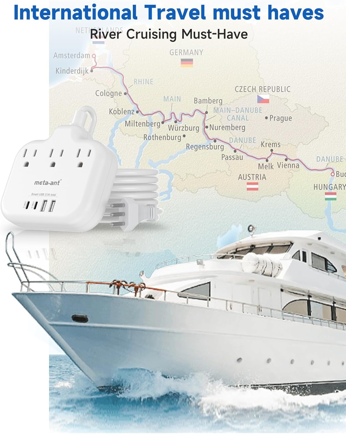 Italy Travel Plug Adapter with 5FT Extension Cord, meta-ant Italy Power Adapter with 3 American Outlets 4 USB Ports(2 USB-C), Type L Adapter for US to Italy Chile Ethiopia Libya Syria Tunisia Uruguay - Image 6