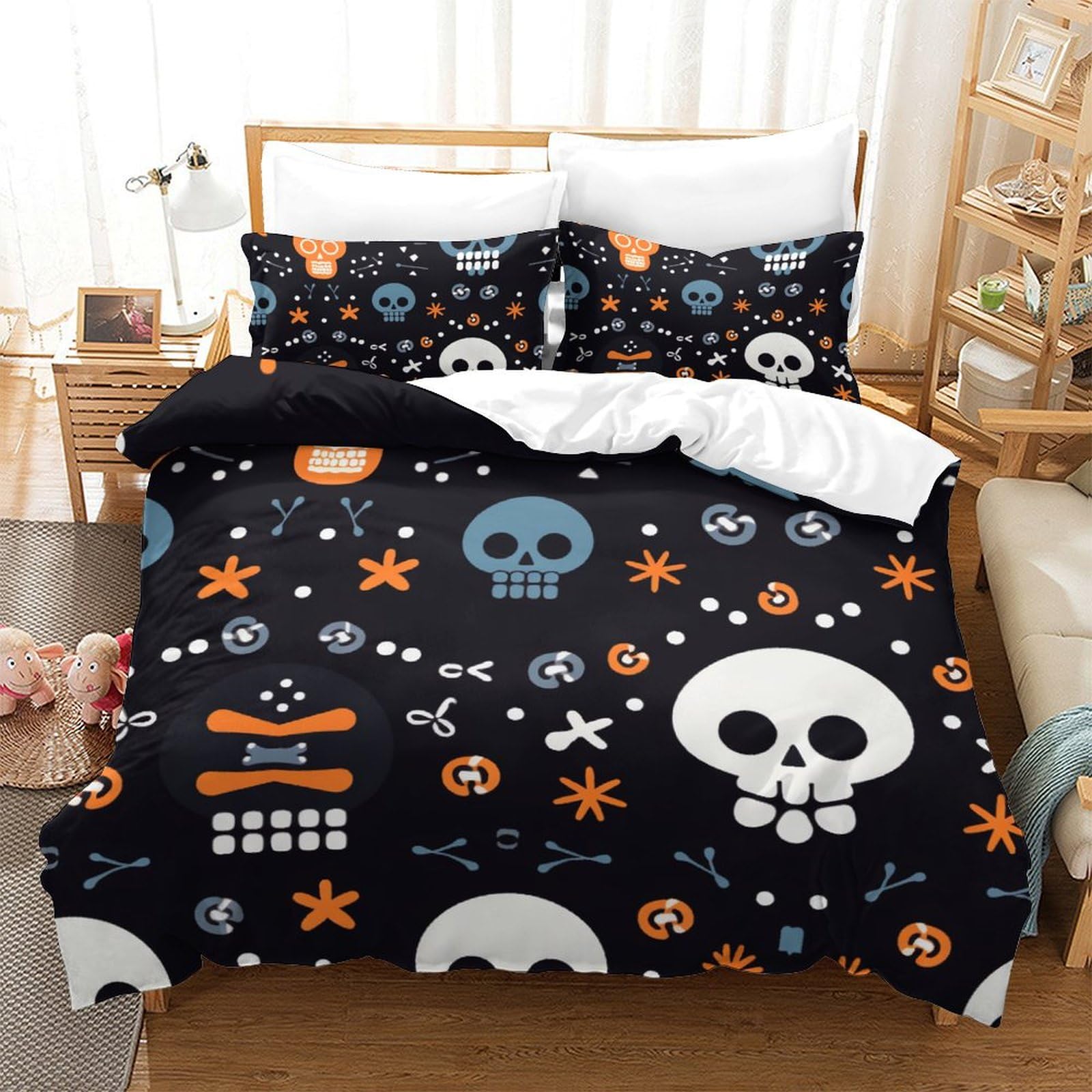 Housse couette haute qualité respirante motif crâne pour lit adulte king 220x240