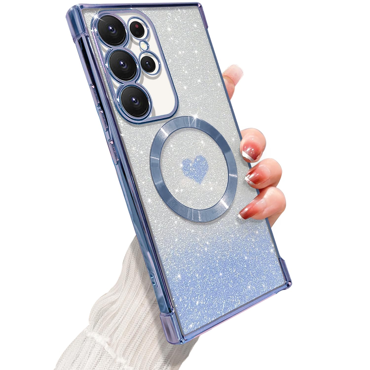 ZONRW for Samsung Galaxy S22 Ultra Case Magnetic,for Women Girl Soft Luxury Plating Bling Gradient Glitter Cute Heart Cover Compatible with MagSafe