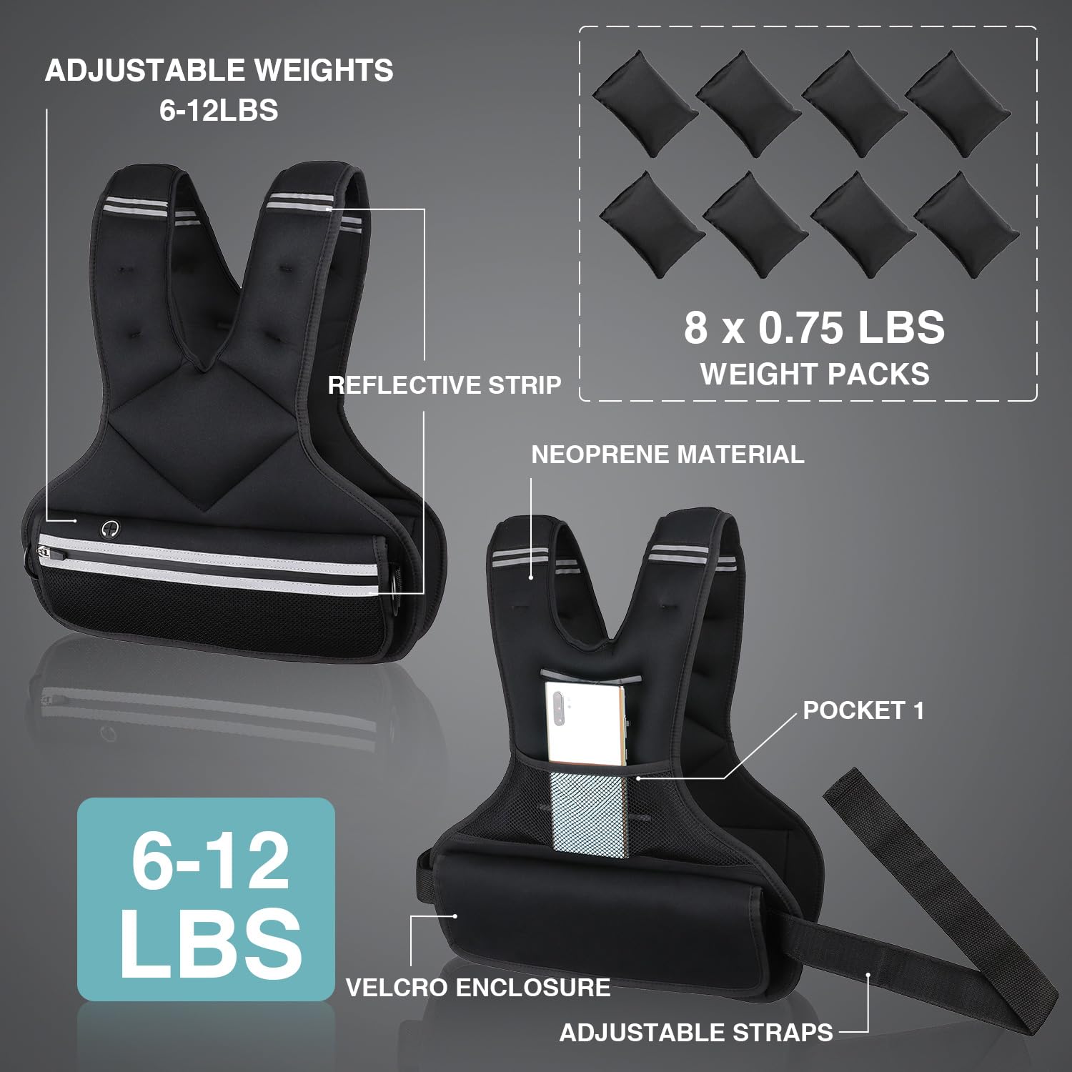 JoyPlus Gilet con pesi regolabile da 13 a 25/1,8-5,4 kg, gilet sportivo con pesi, per uomini e donne, attrezzatura da allenamento