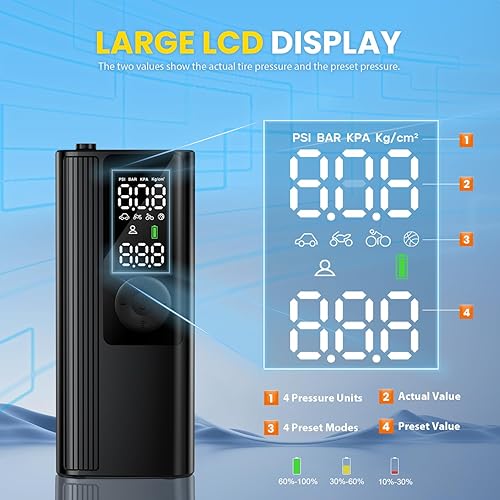 Miniatura 3 de Inflador de neumáticos, compresor de aire portátil, bomba de aire inalámbrica para neumáticos de automóvil con medidor de presión digital, bomba de