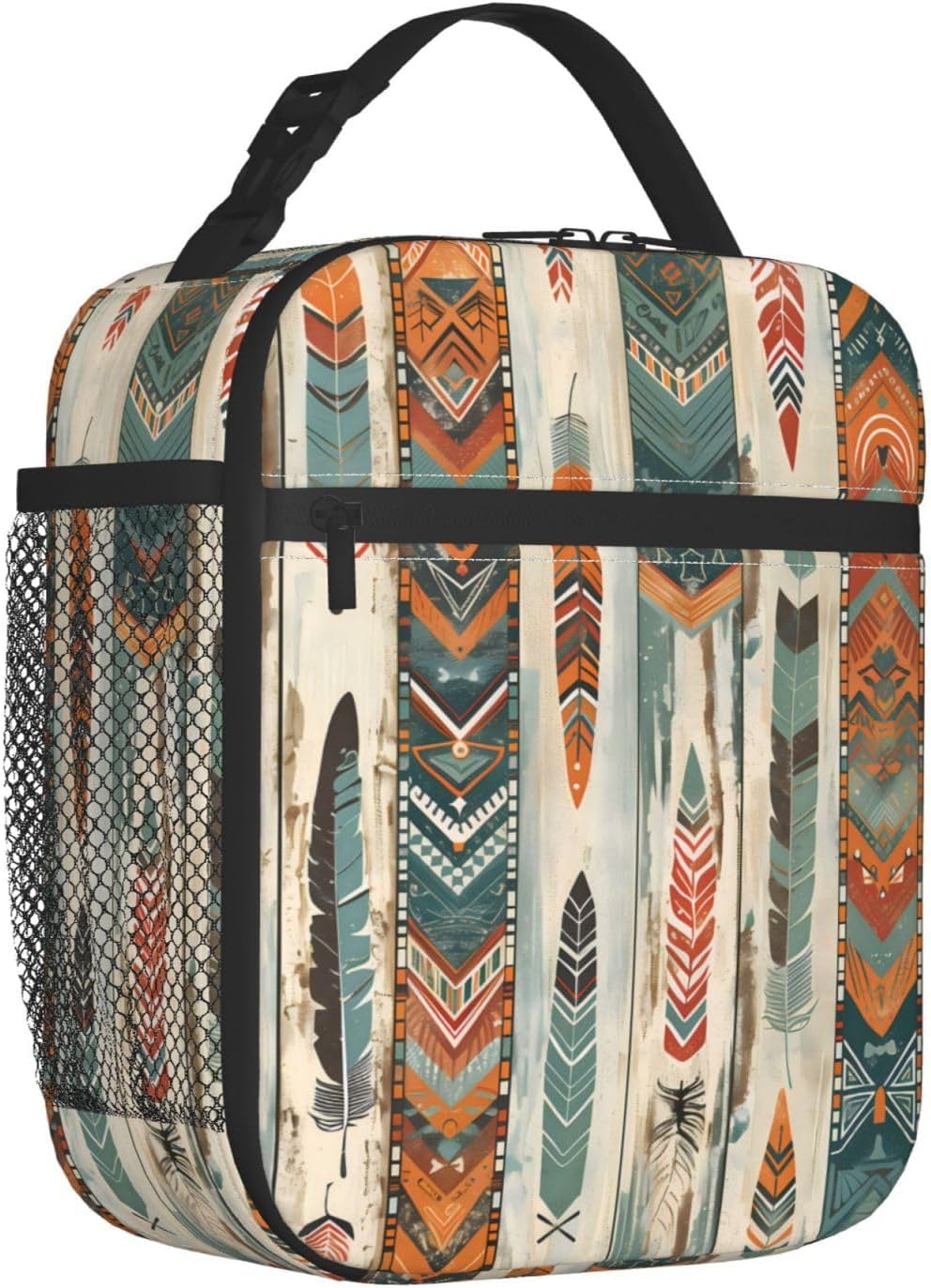Reusable Western Aztec Lunch Box for Kids Girls Women Adult, Insulated Native American Boho Feather Lunch Bag,Polyester Cooler Handbags Case for School Picnic Work Travel Beach or Hiking
