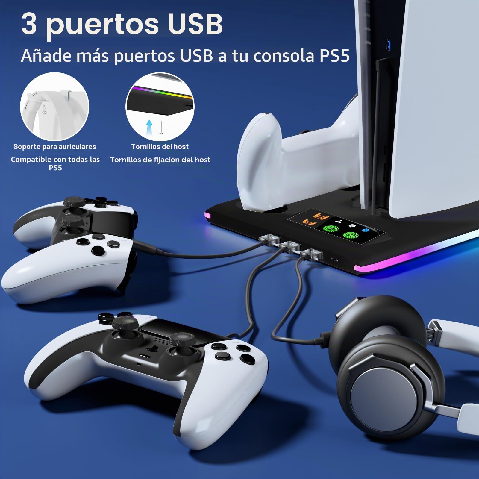 Soporte para PS5 y PS5 Slim con Ventilador de 3 Velocidades, Cargador para PS5 & Edge Mando con Luz RGB y 3 USB HUB, para Disc & Digital(Negro)