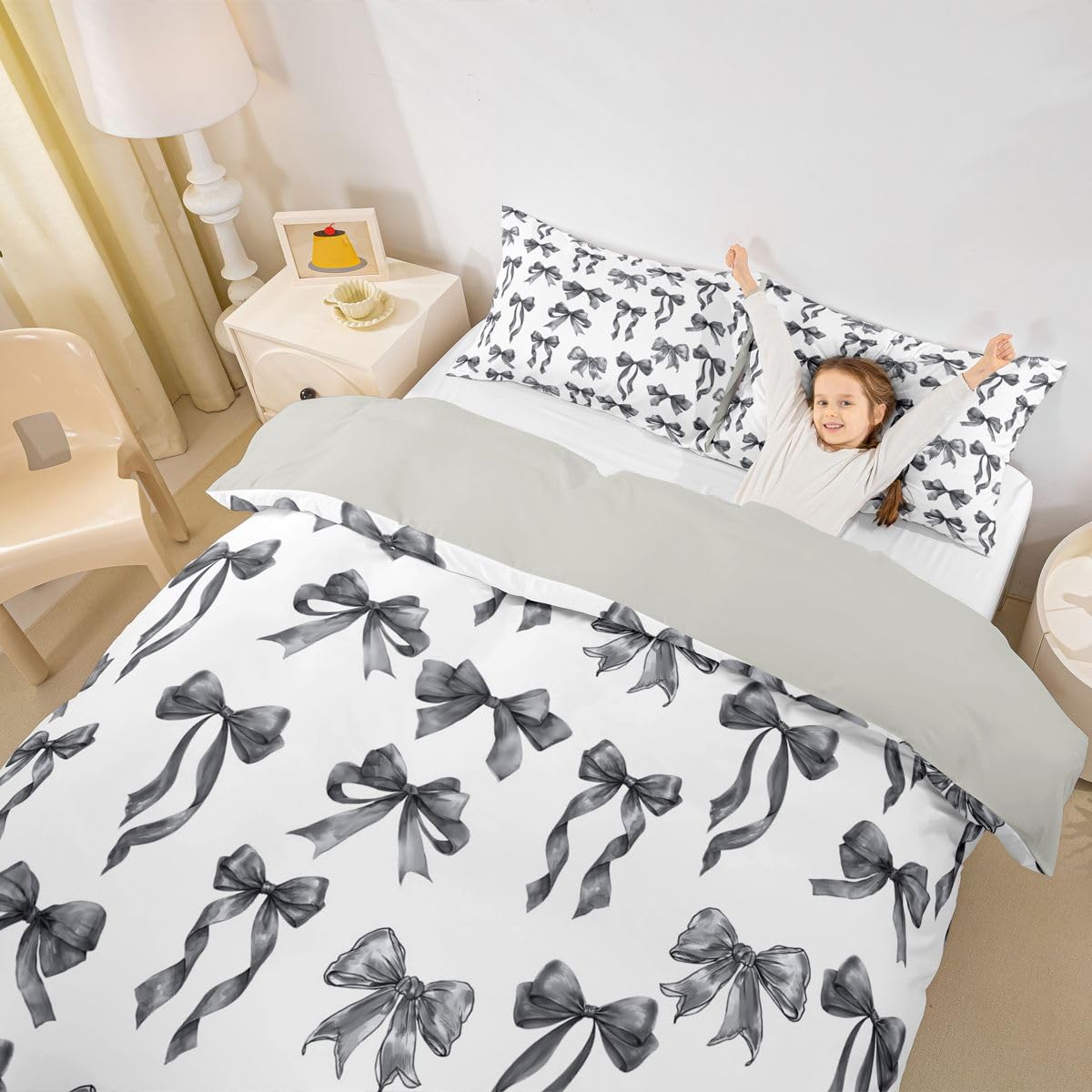 Homewish Urocza kokarda król pościel czarna poszewka na kołdrę zestaw kawaii wstążka kokardka poszewka na kołdrę dla dzieci dziewcząt nastolatek kobiet, akwarela kokardki preppy zestawy łóżek