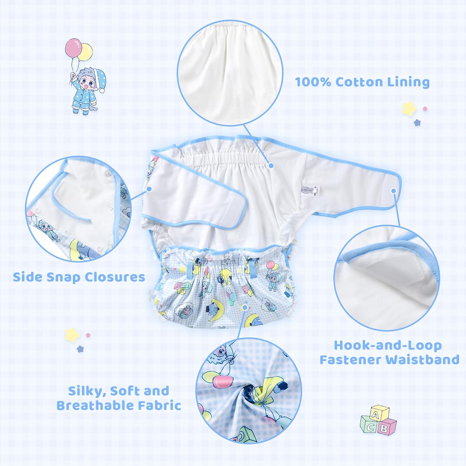 Littleforbig Silky Adult Ribbon Omutsu Diaper Wrap Cover Washable Adjustable Reusable Waterproof - Little Blue L - Image 3