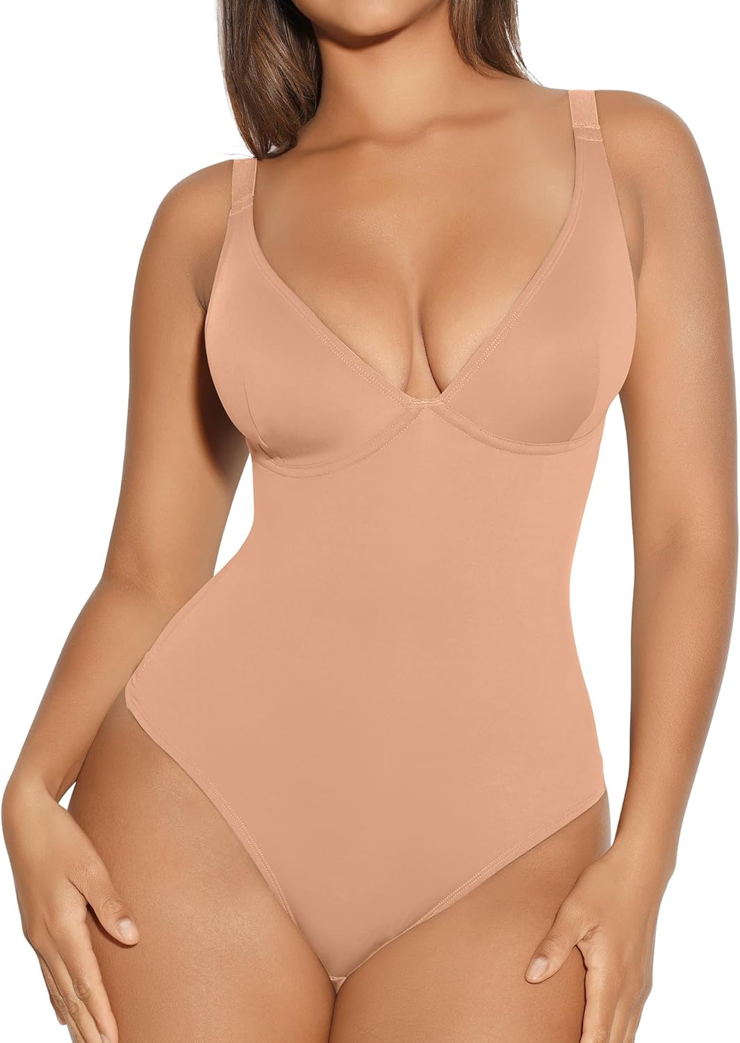 FeelinGirl Shapewear Bodysuits for Women Tummy Control Body Suits Deep V Neck Thong Body Shaper