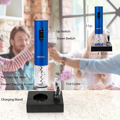 Miniatura 5 de Secura Electric Wine Opener, Automatic Electric Wine Bottle Corkscrew Opener with Foil Cutter, Rechargeable (Blue)