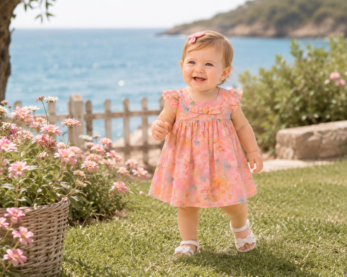 Vestido de verano para niña – Vestido floral de gasa con lazo, mangas volantes, elegante y ligero – Ideal para ceremonias, cumpleaños y ocasiones especiales, 1984