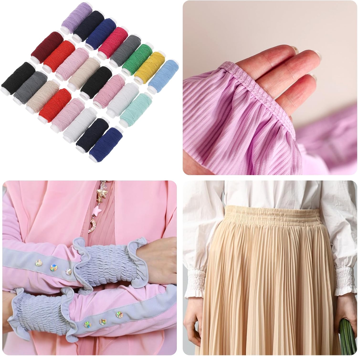 Elastic Sewing Thread for Sewing Machine 0.6 mm, Shirring Elastic Thread for Sewing, Serger, Overlock Machines Quilting Knitting,Weave,DIY, 30m Each Spool Total 24 Spools