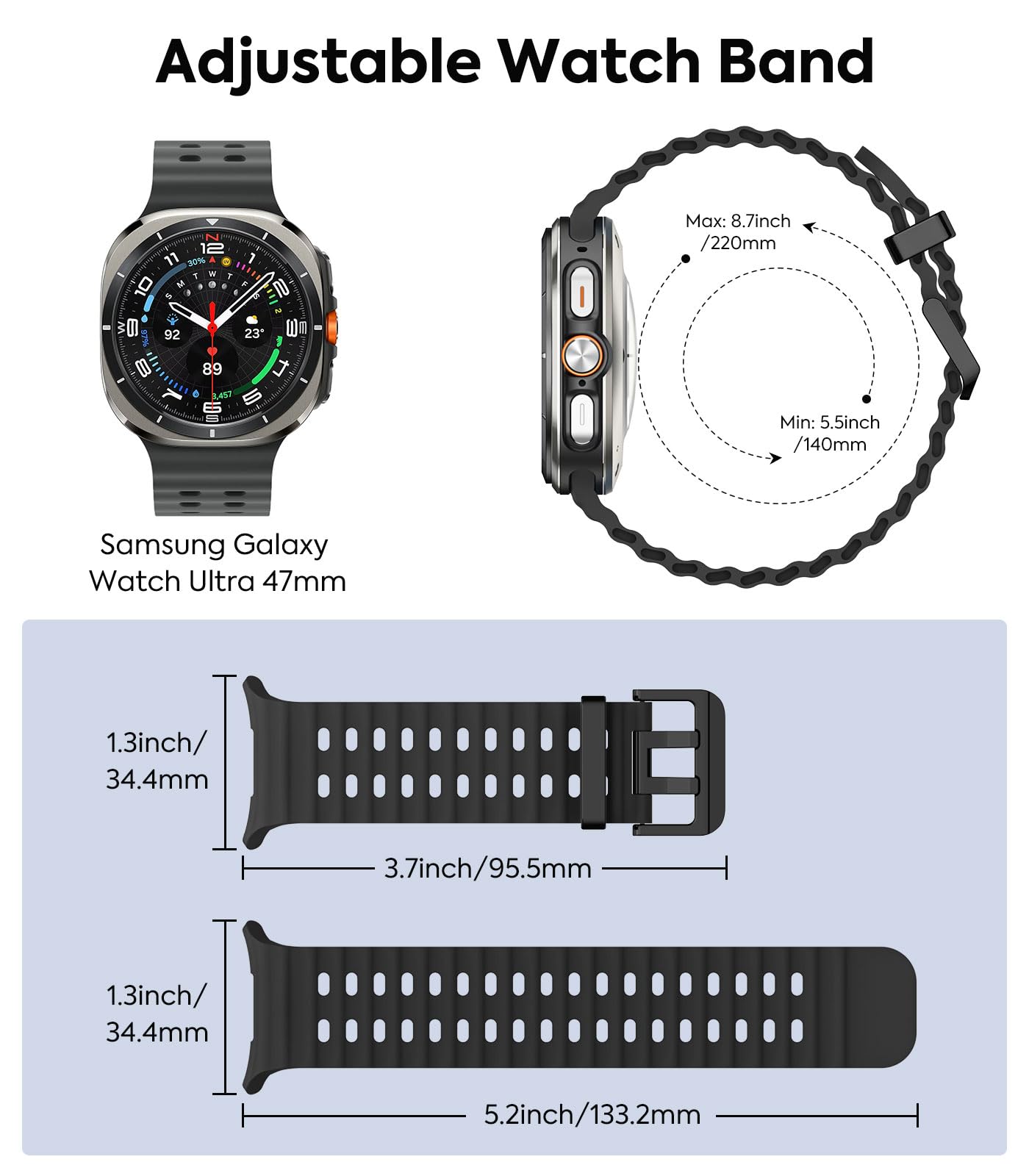 MoKo Sport Band Compatible with Samsung Galaxy Watch Ultra Band 47mm (2024) Women Men, Breathable Soft Silicone Waterproof Watch Strap Accessories for Samsung Watch Ultra Band, Black