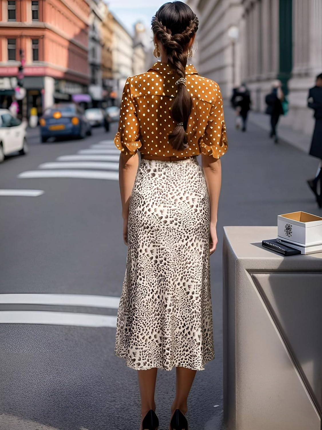 Womens Leopard Print Skirt Midi Long Length Silk Satin High Waist Elastic Skirts - Image 3