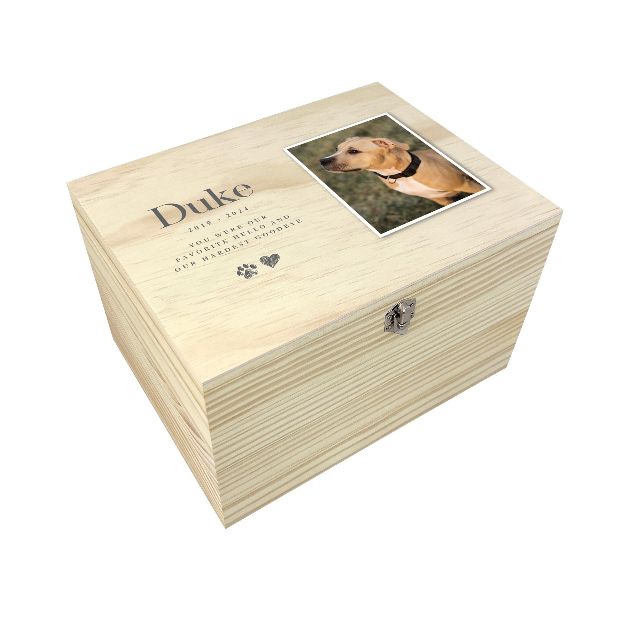 Personalised Wooden Pet Memorial Sketch Photo Keepsake Box | Customisable Bereavement Gift for Dog or Cat Remembrance Memorial | Pine Wood with Metal Hinges and Clasp | W30 x D23 x H18cm