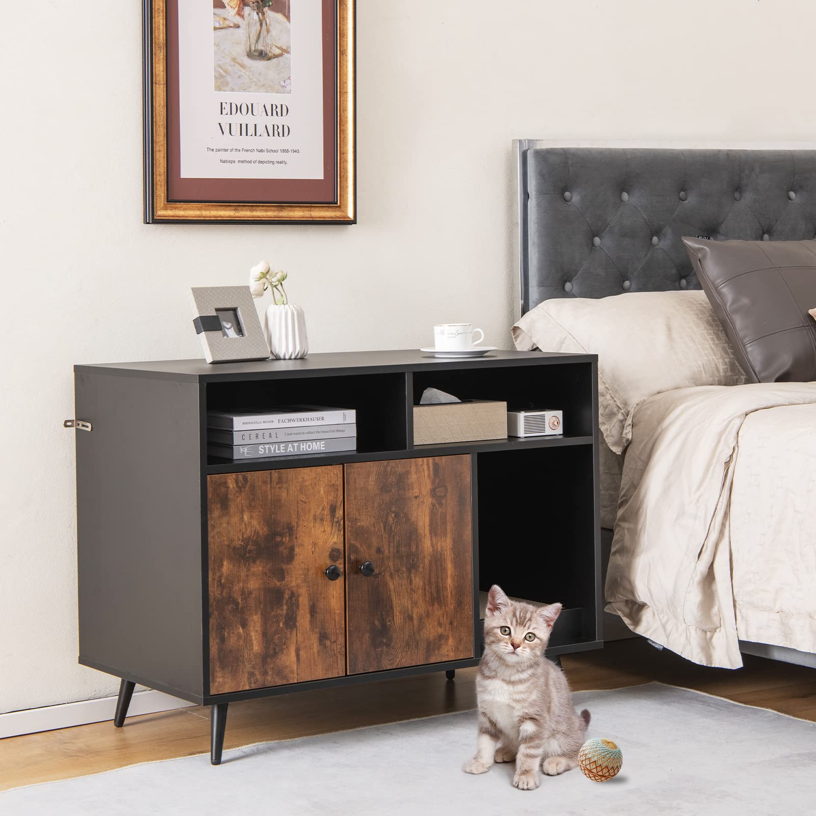 COSTWAY Meuble Litière Chat avec Griffoir Industriel, Maison de Toilette Chat Anti-basculement 2 Étagères de Rangement, Pieds Métalliques Inclinées, 90x50x70cm