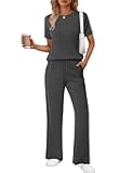 Lounge Set for Women 2 Piece Sets Outfits Top and Long Pants Ribbed Textured Knit Matching Pajamas with Pockets