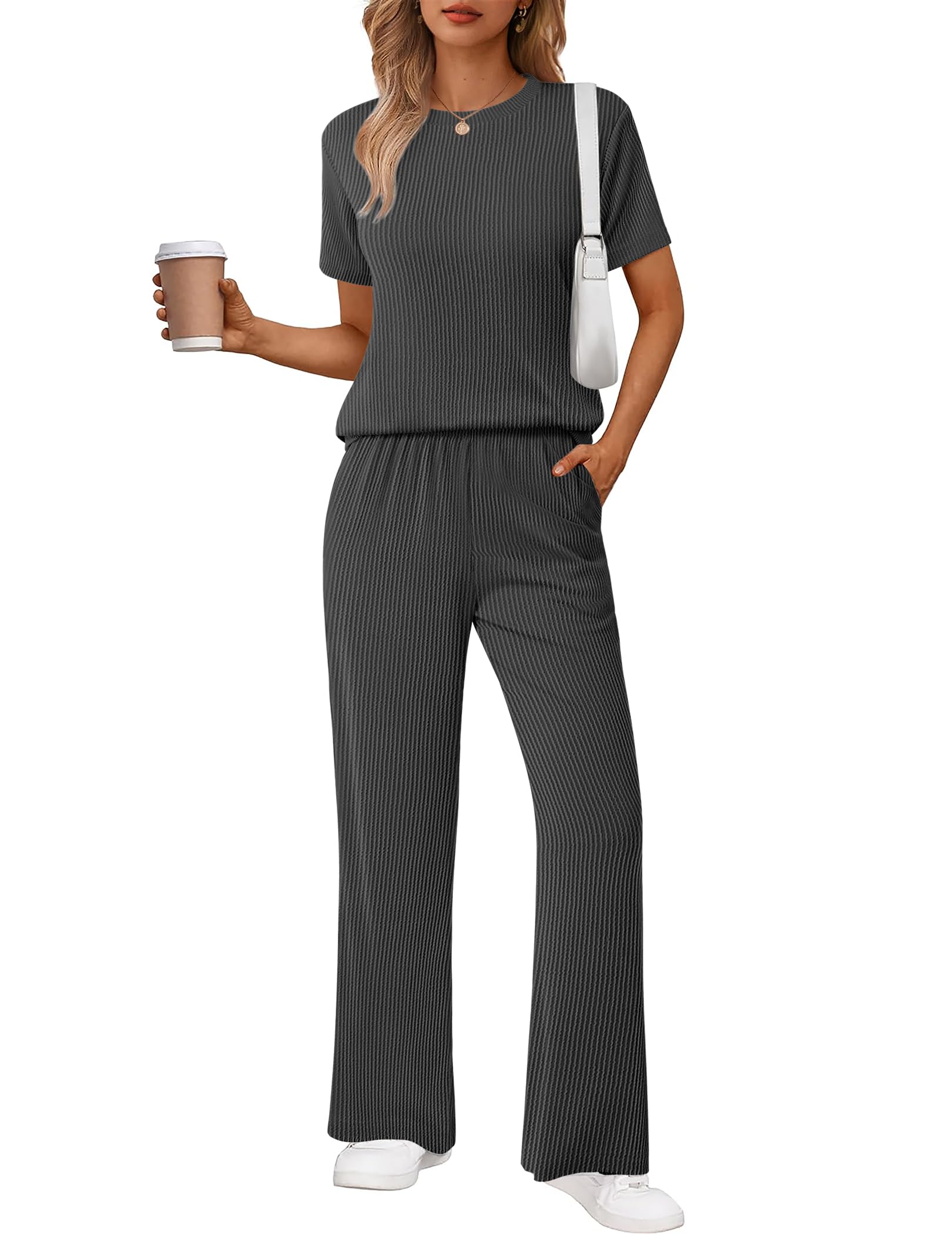 Photo 1 of ***PARTIAL SET***
Ekouaer Lounge Sets for Women 2 Piece Matching Travel Outfits 2026 Loose Short Sleeve Top Wide Leg Pants Pockets M