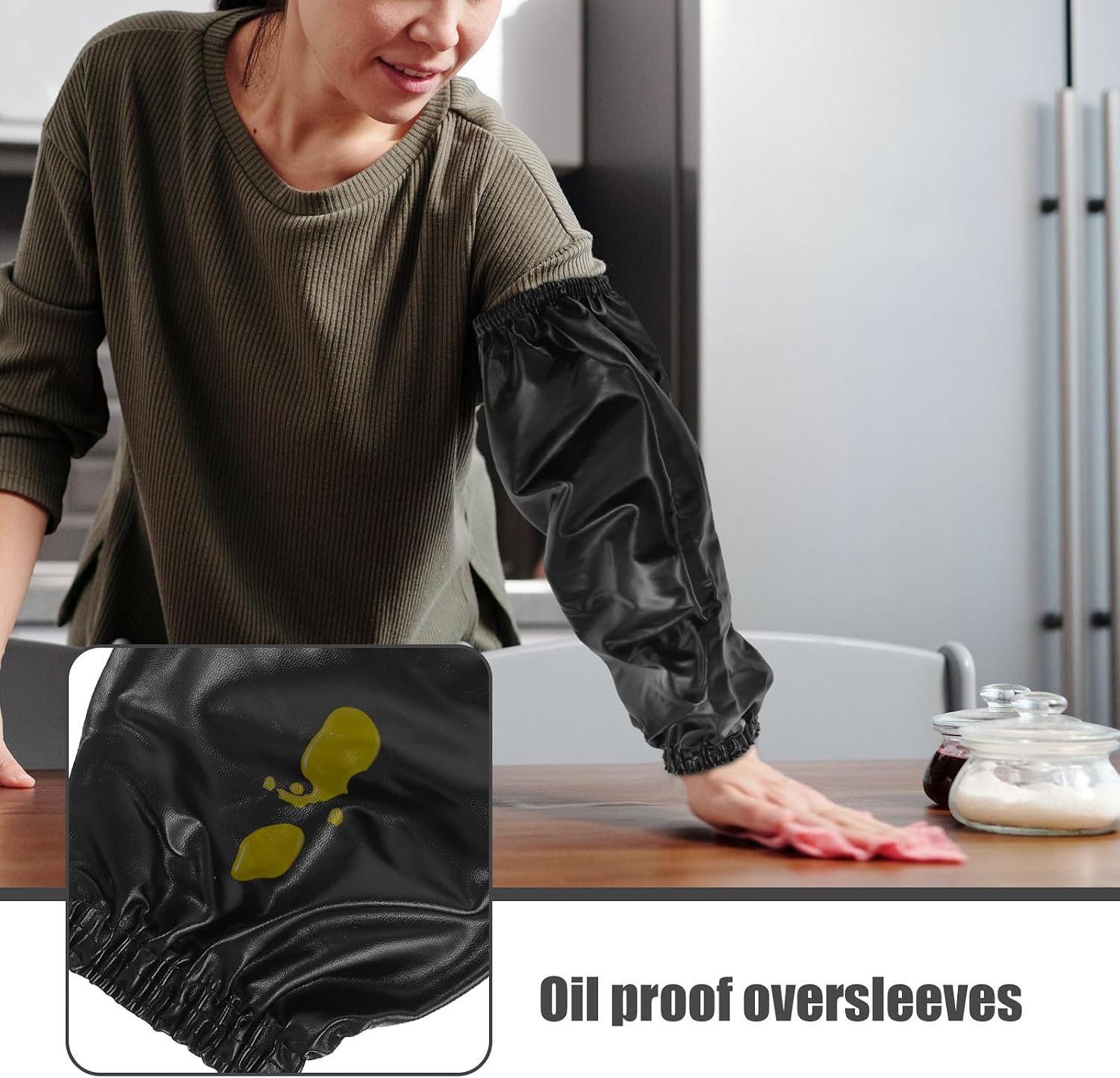 Waterproof Oil Proof Reusable Kitchen Arm Sleeves, Black Double-strap Protective Oversleeves for Cooking and Cleaning, 2pcs Work Sleeves