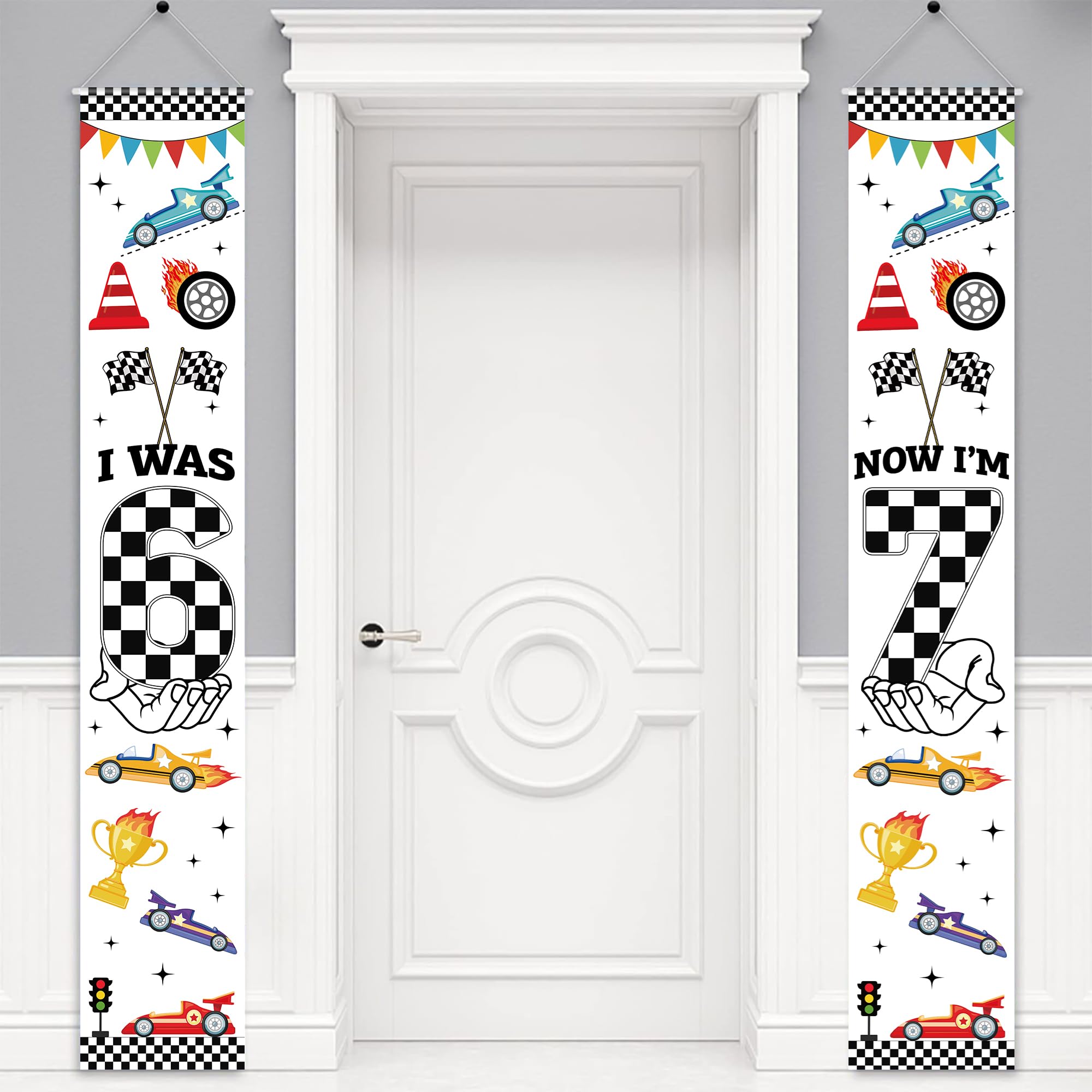 67 Birthday Decorations Door Banners - 2 Blcak White I Was 6 Now I'm 7 Banners Six Seven Donut Video Game Black White Checkered Theme Banners for Boy Let's Go Racing Themed Party Supplies, 180 * 30cm