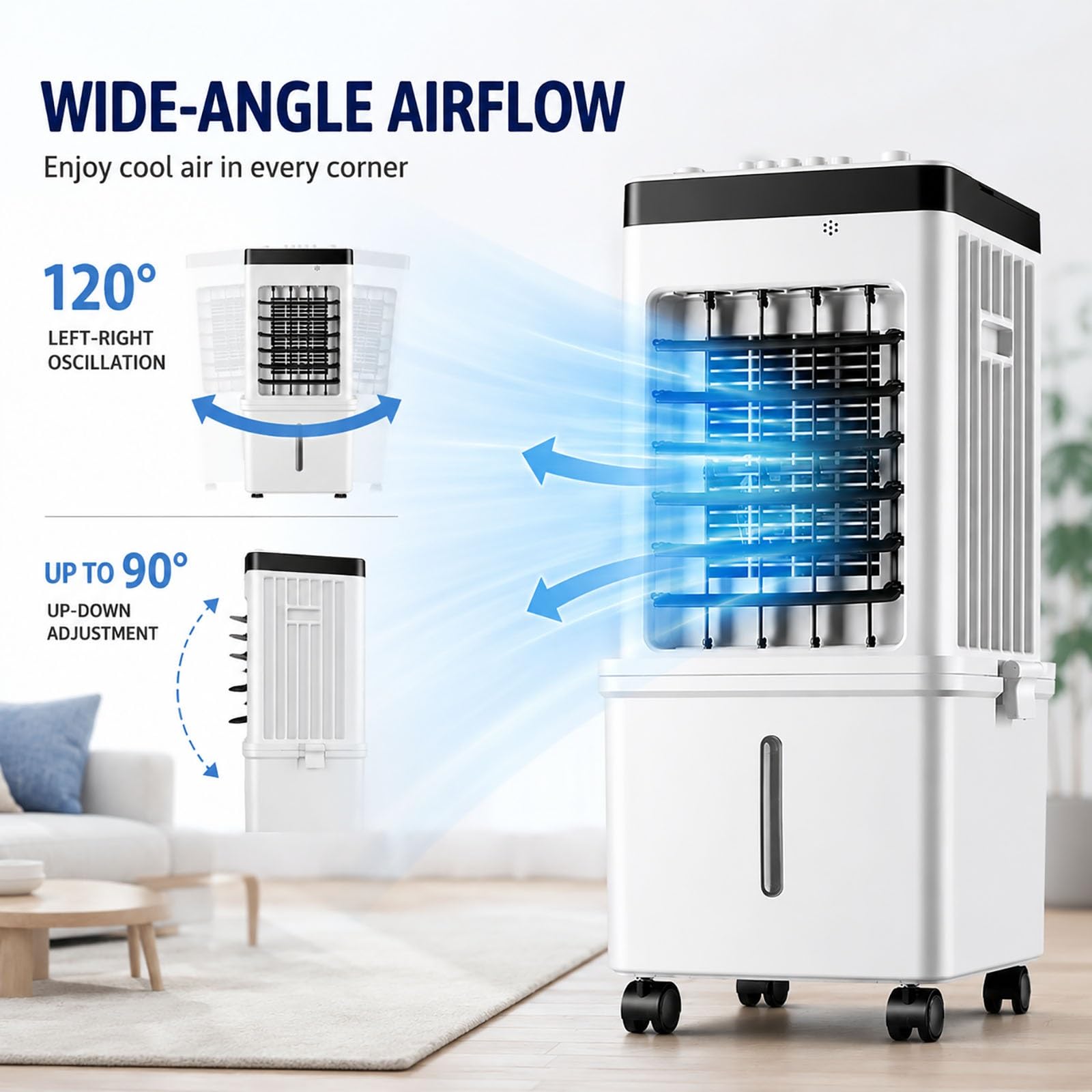 Enfriador de Aire Evaporativo 6L, Ventilador Climatizador Portátil con 4 Acumuladores de Frío, 3 Velocidades, Oscilación 120°, Silencioso para Hogar y Oficina