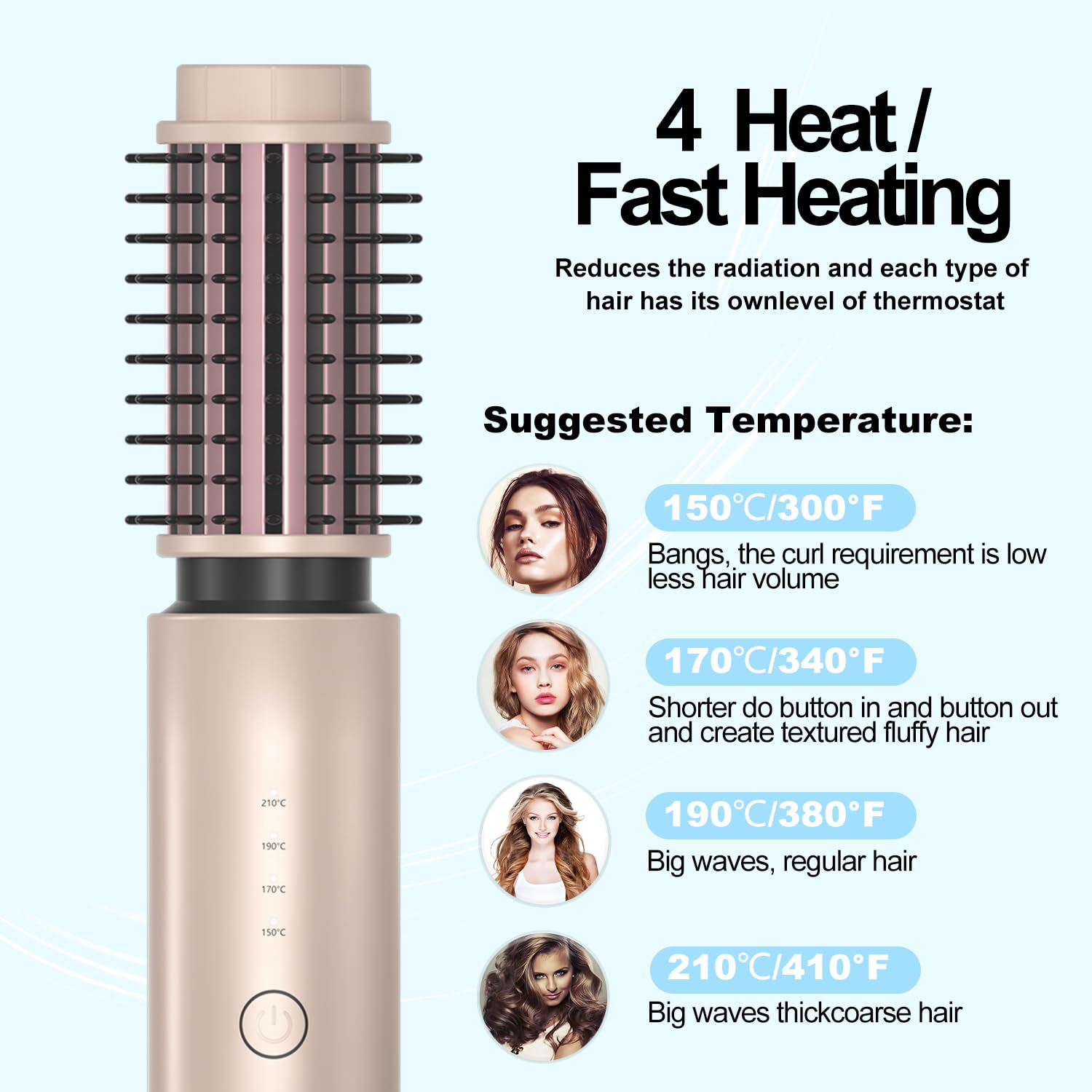 Brosse Chauffante Sans Fil 3 en 1, Brosse Thermique Portable, Brosse Cheveux Bouclés avec 4 Températures, Boucleur a Cheveux pour Créer des Boucles Naturelles, Dorés