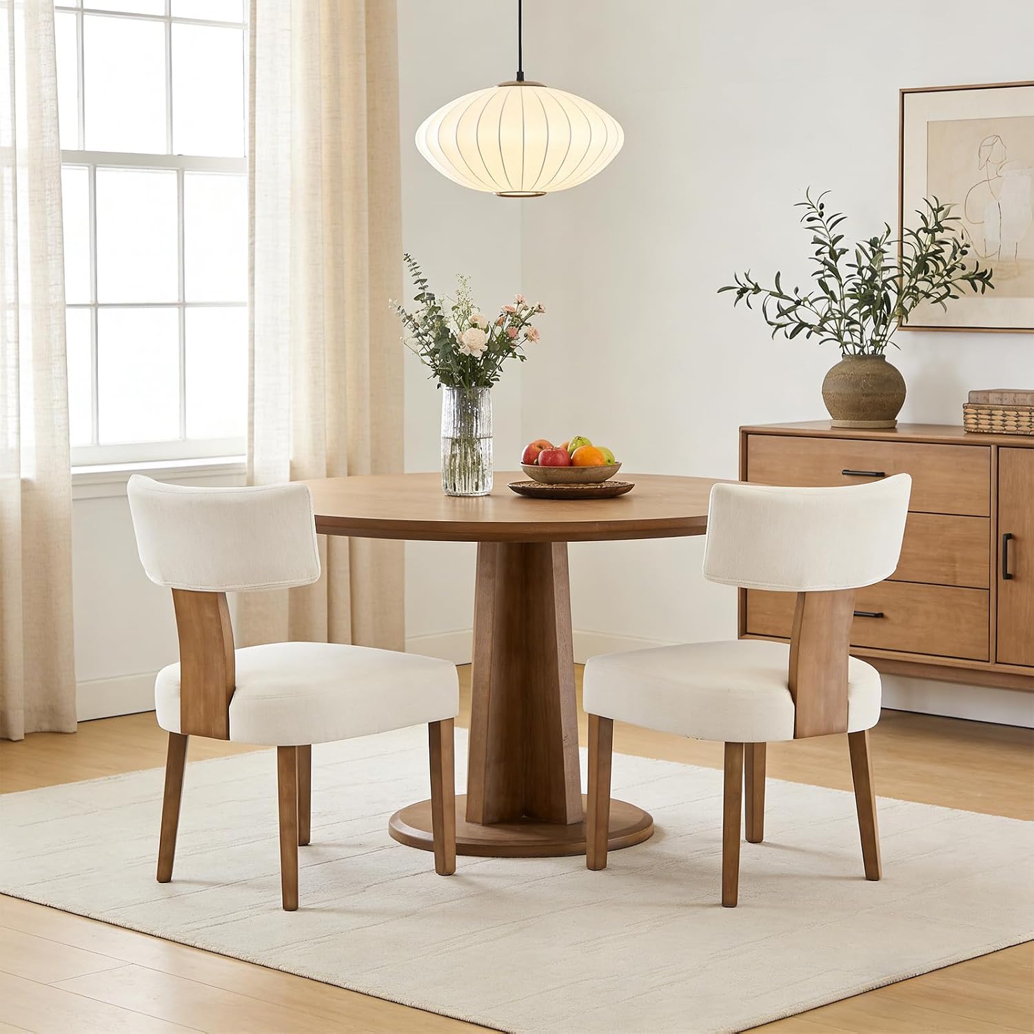 Dining Room Chairs Set of 2 Wooden Kitchen Chairs with Backrest Linen Padded Kitchen Chairs with Solid Wood Legs Armless Side Chairs for Dining Room Living Room Beige