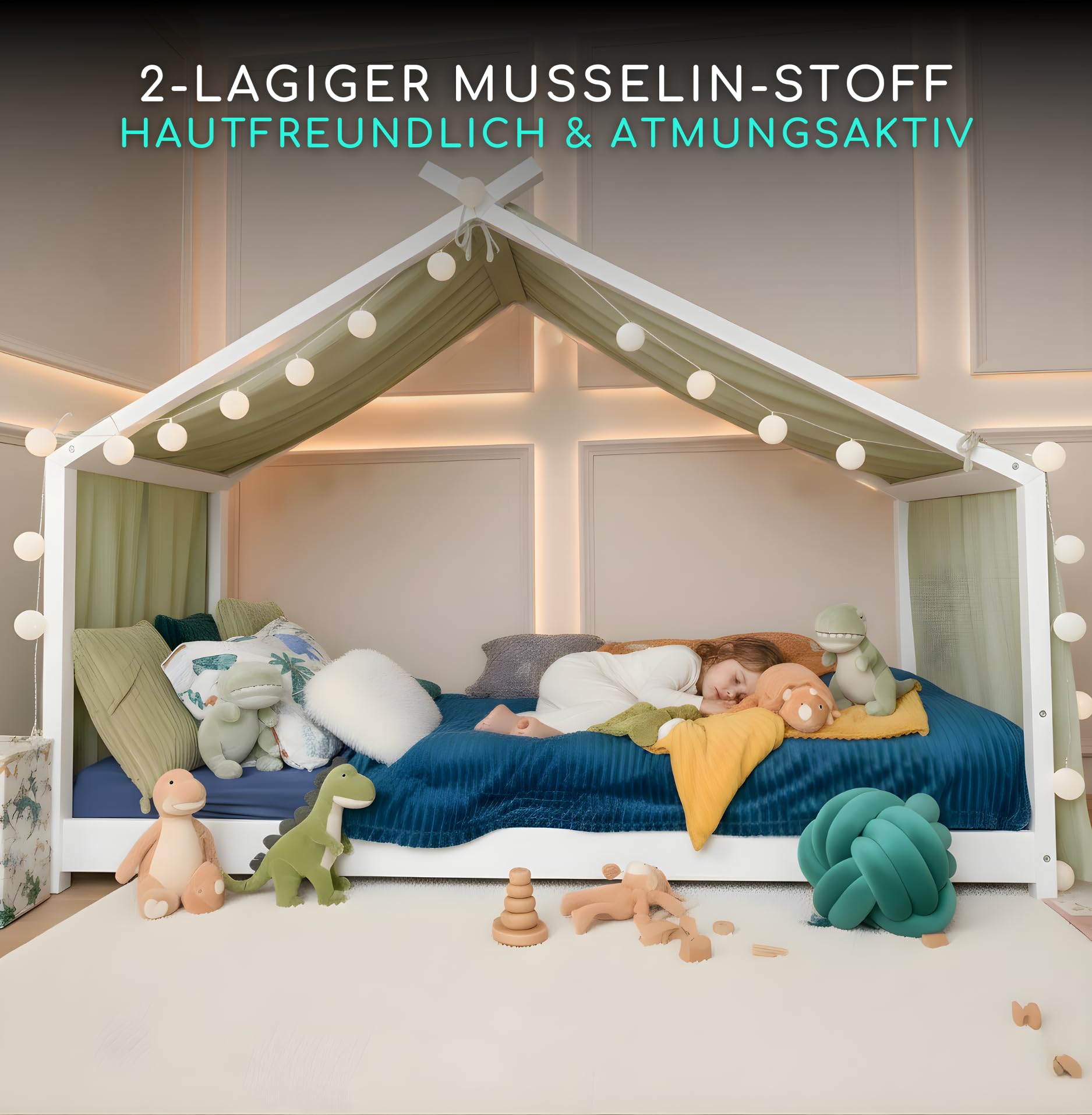 ALAVYA HOME® Voile de lit en Forme de Maison Moon 110x360 cm en Mousseline de Coton 100% – Décoration Chambre d’Enfant, Ciel de lit, Rideau de lit, décoration pour Filles & garçons – Kaki
