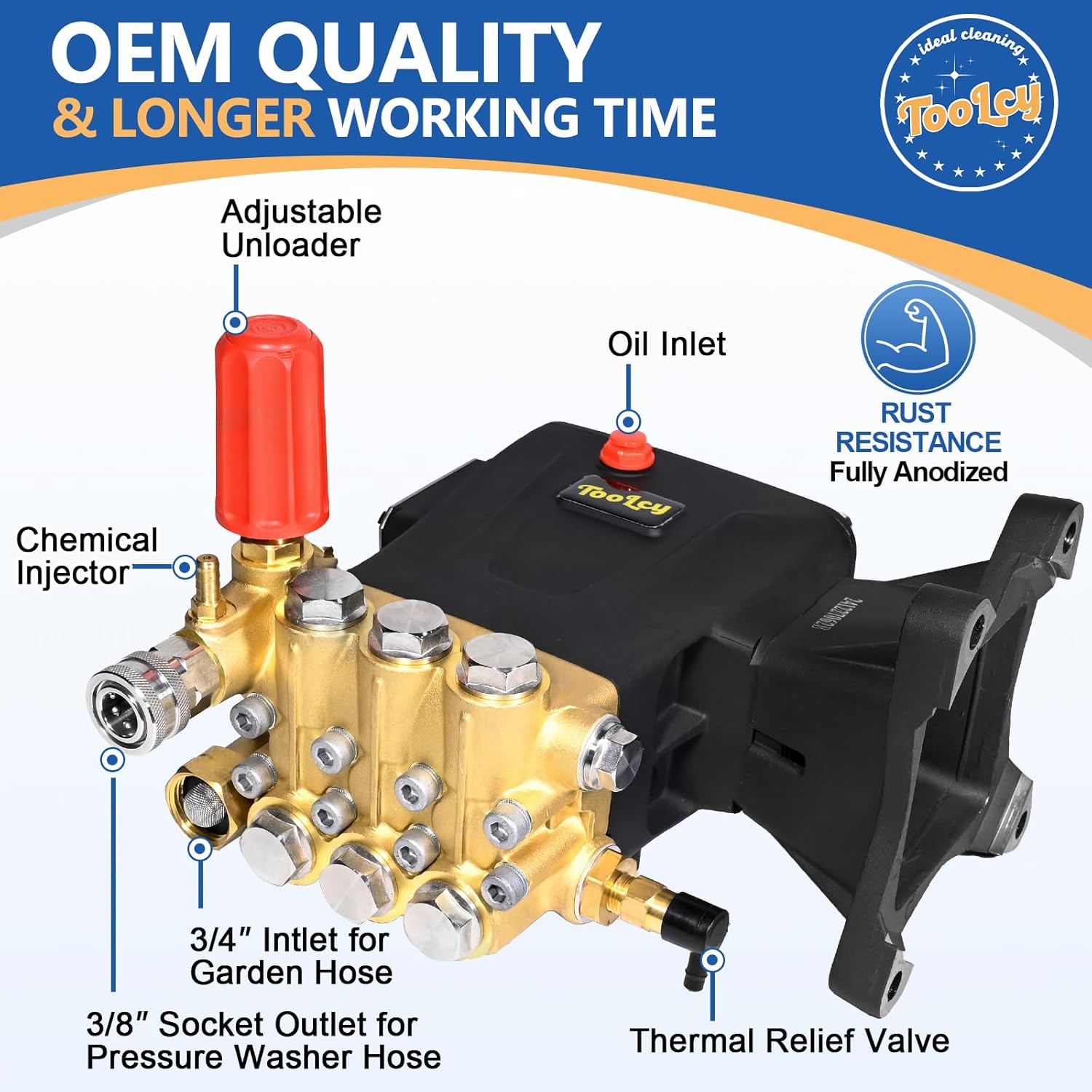 TOOLCY Pressure Washer Pump 3600-4400 PSI Max, 4 GPM Triplex Plunger Pressure Pump, Horizontal 1 inch Shaft Gas Power Washer Pump with Pressure Adjustment Unloader, Direct Drive