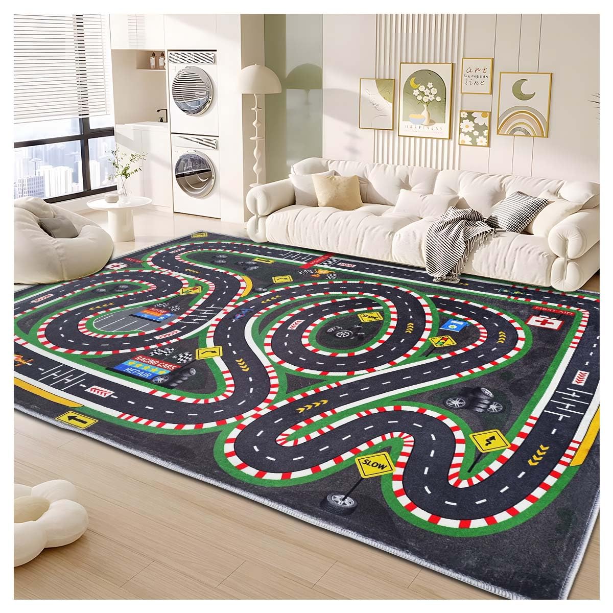 JUFORHQC Kids Rug,Children's Room Rug,Road Race Play Rugs, Rail City Living Rugs, Washable Non-Slip Play Mats. (Grey, 47x71in)