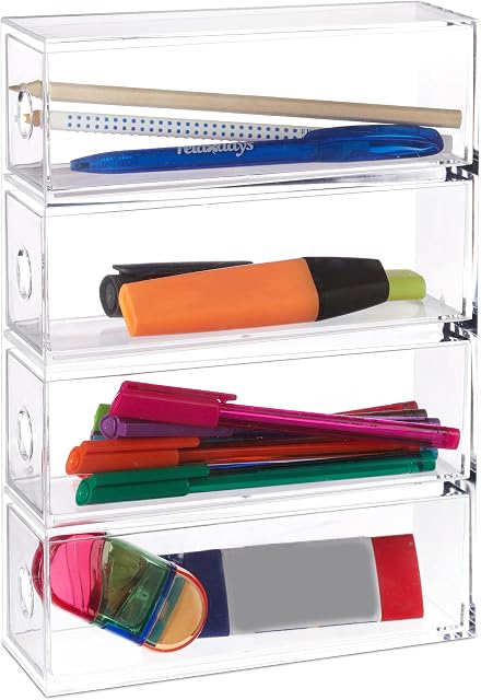 Relaxdays Acrylic Make Up & Cosmetic Organiser with 4 Drawers, Upright / Horizontal, Storage Box, HWD: 25x17.5x6.5 cm, Transparent
