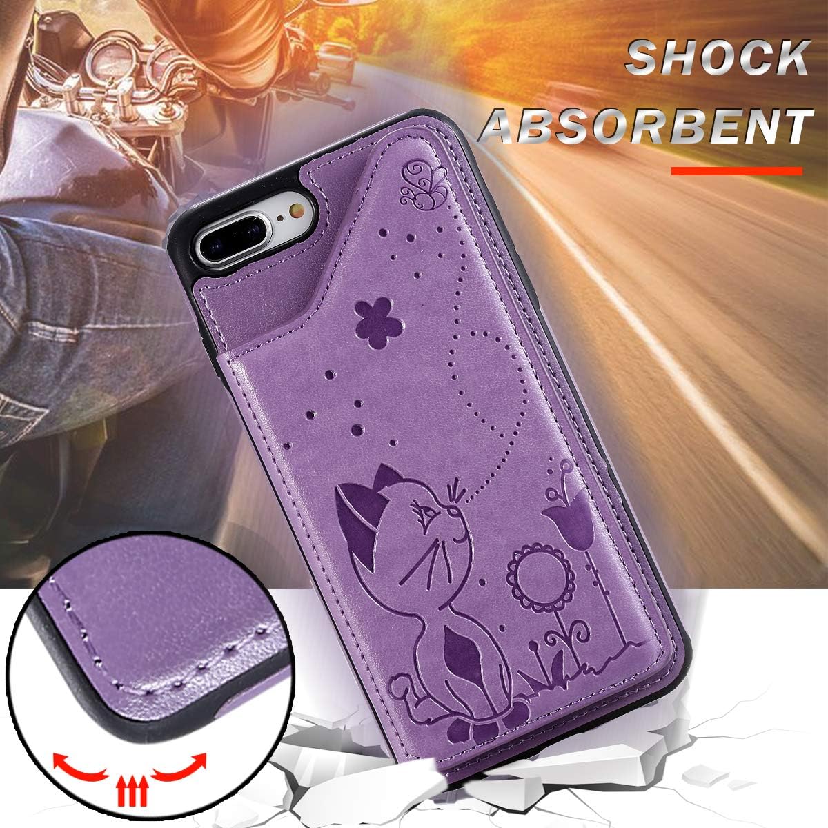 iPhone 8 Plus Wallet Case,iPhone 7 Plus Case with Card Holder for Women,Vodico Durable Folio Flip Slim Fit Vintage Leather Wallet Back Magnetic Closure Cover with Credit Card Slots&Stand (Bee Violet)
