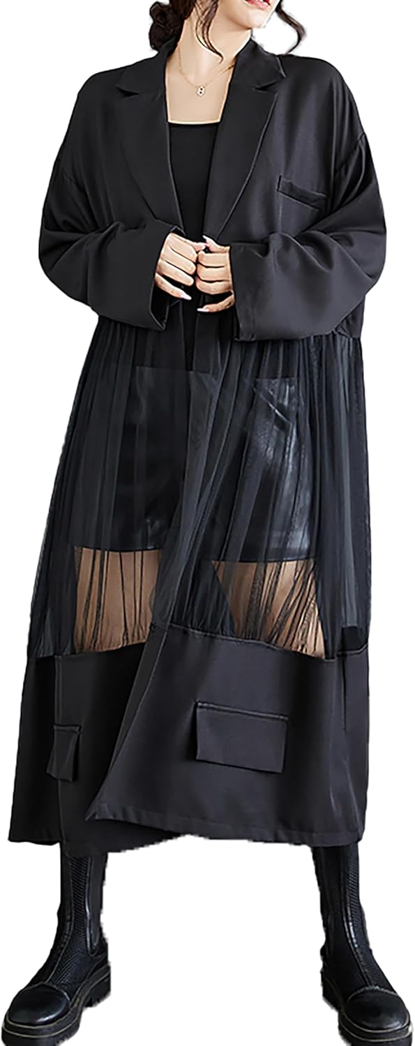 Women's Shirt Dress Long Sleeve Buttoned Tulle See Through Solid Patchwork Loose GZ304