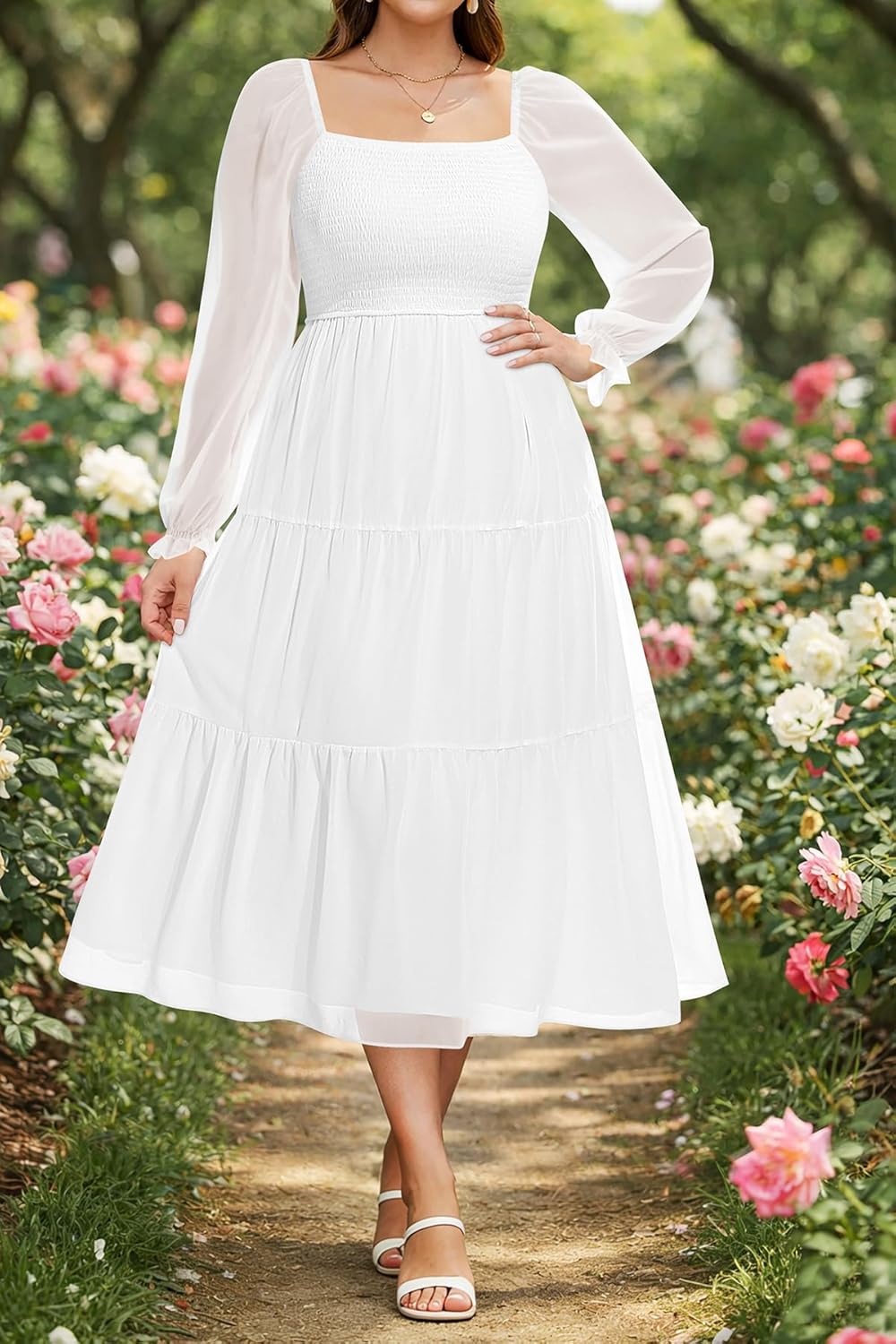 Pinup Fashion Plus Size Fall Dress - Bridal Shower Graduation Wedding Guest Boho Chiffon Smocked Midi Dresses