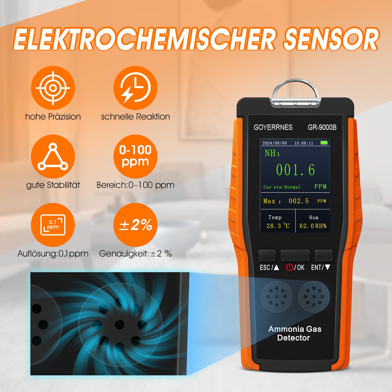 Ammoniak-Gasdetektor Tragbarer NH3 Gasdetektor mit Alarm Temperatur Luftfeuchtigkeit Digitaler Ammoniak-Dauerüberwachungssensor Bereich 0-100 PPM LCD-Bildschirm Wiederaufladbar Geeignet für Bauernhöfe