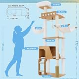 Hey-brother Noyer EMPJ121WB Wooden Cat Scratching Post, 184 cm Cat Tree for Large Cats, Multi-Tier Stable Cat Scratching Post with Large Platforms, Basket, Cat Cave, Combing Machine and Ladder - 2