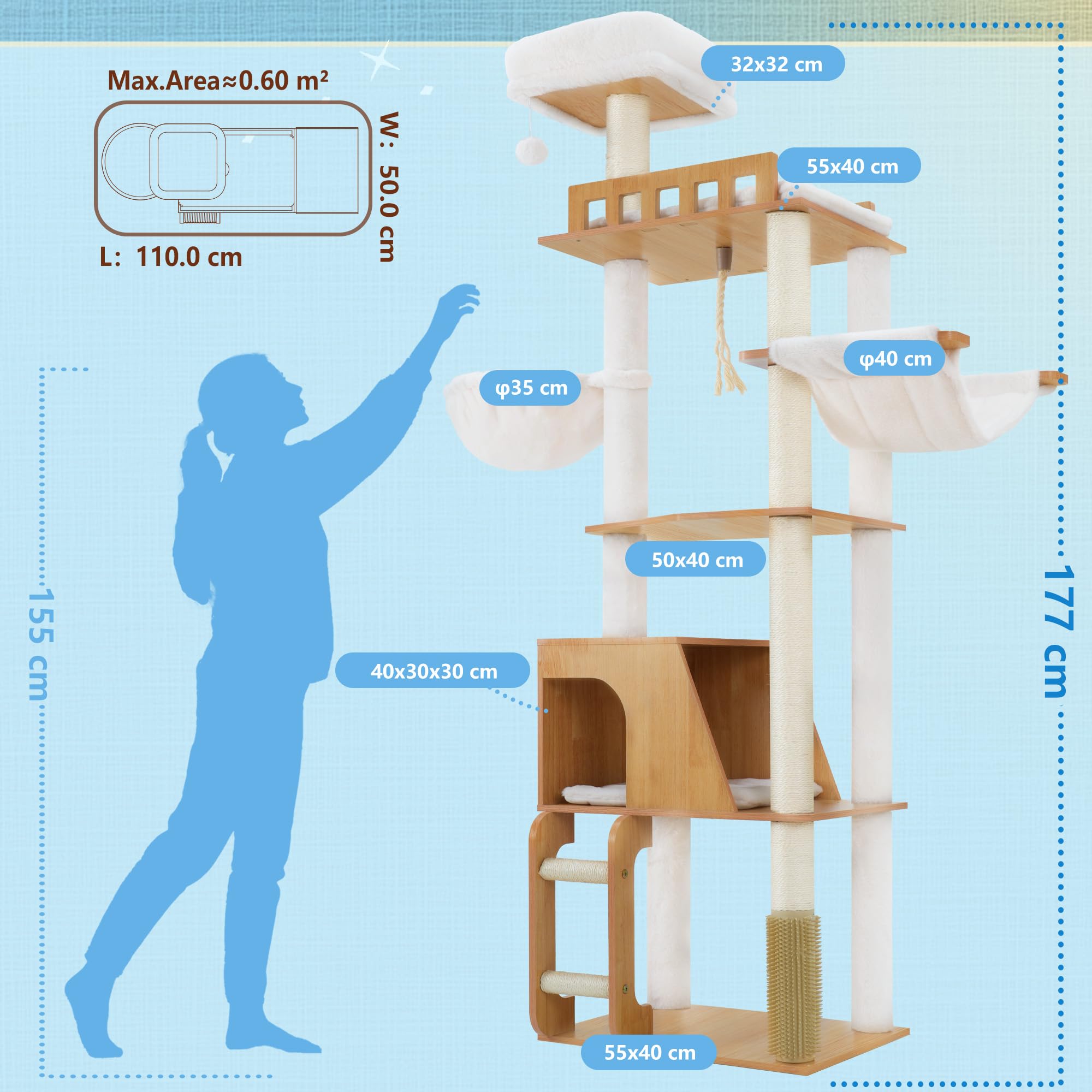 Hey-brother Árbol para Gatos de Madera Moderno, Rascador para Gatos 184 cm, Multinivel Estable con Plataformas Grandes, Hamaca, Cueva para Gatos, Máquina Peinadora y Escalera, Nogal MPJ121WB