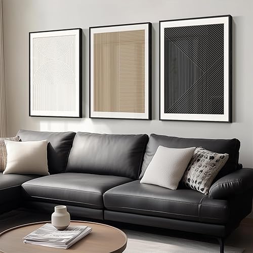 Framed Modern Large Black and White Abstract Wall Art for Living Room, Set of 3 Piece Boho Neutral Minimalist Canvas Paintings Wall Decor Art Prints, Pictures Artwork for Office Dining 24x36 Inch