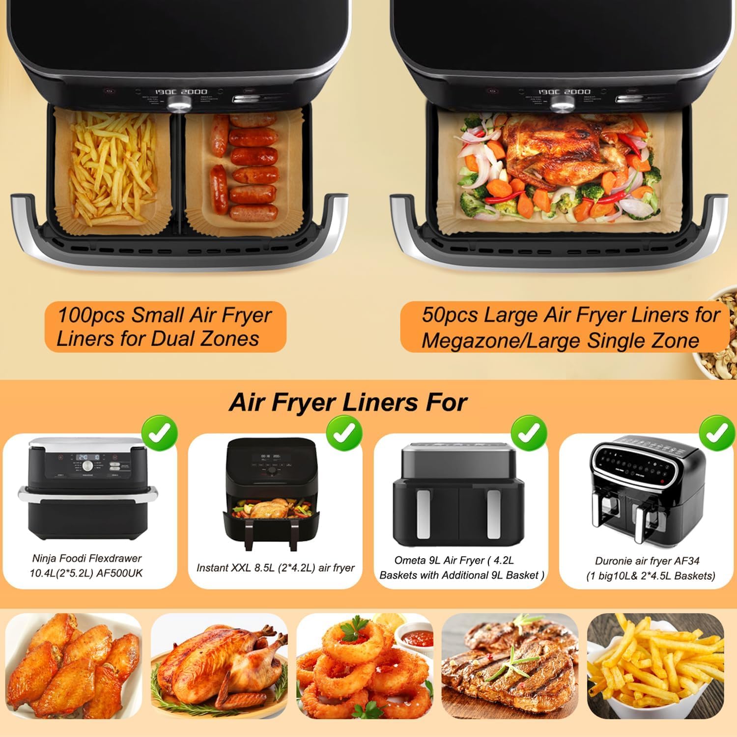 150 Pezzi Carta Da Forno Per Friggitrice Ad Aria - 100 Rettangolari 5,2L + 50 Grandi 10/10,4L - Compatibile Ninja AF500EU, Cecotec 9000 E Dual Zone - 3
