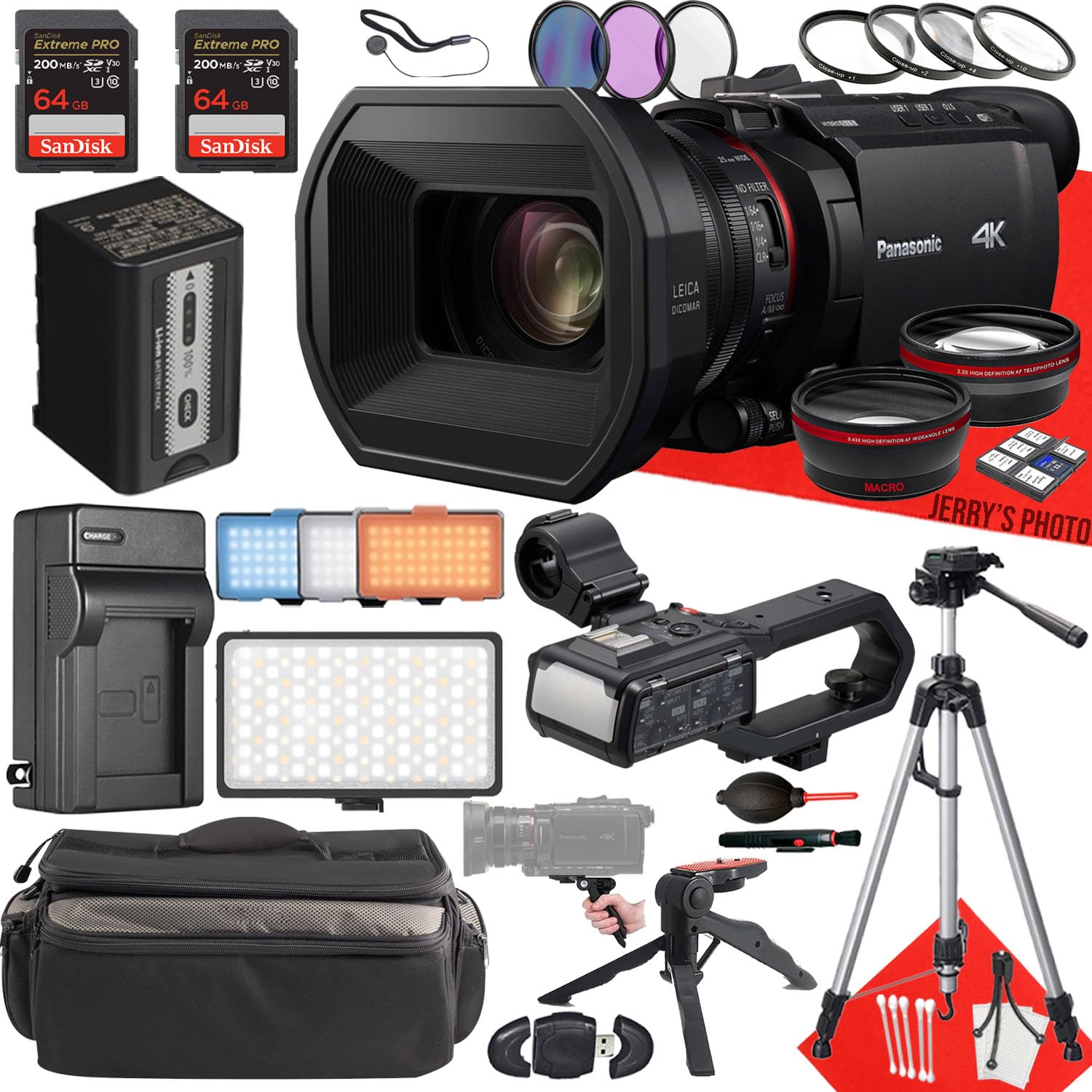 Panasonic HC-X2100 UHD 4K 3G-SDI/HDMI Pro Camcorder + 2PC 64 GB Memory + Handle Unit + Extra Charger + LED Light + Filters + Tripod + More (29pc Bundle)