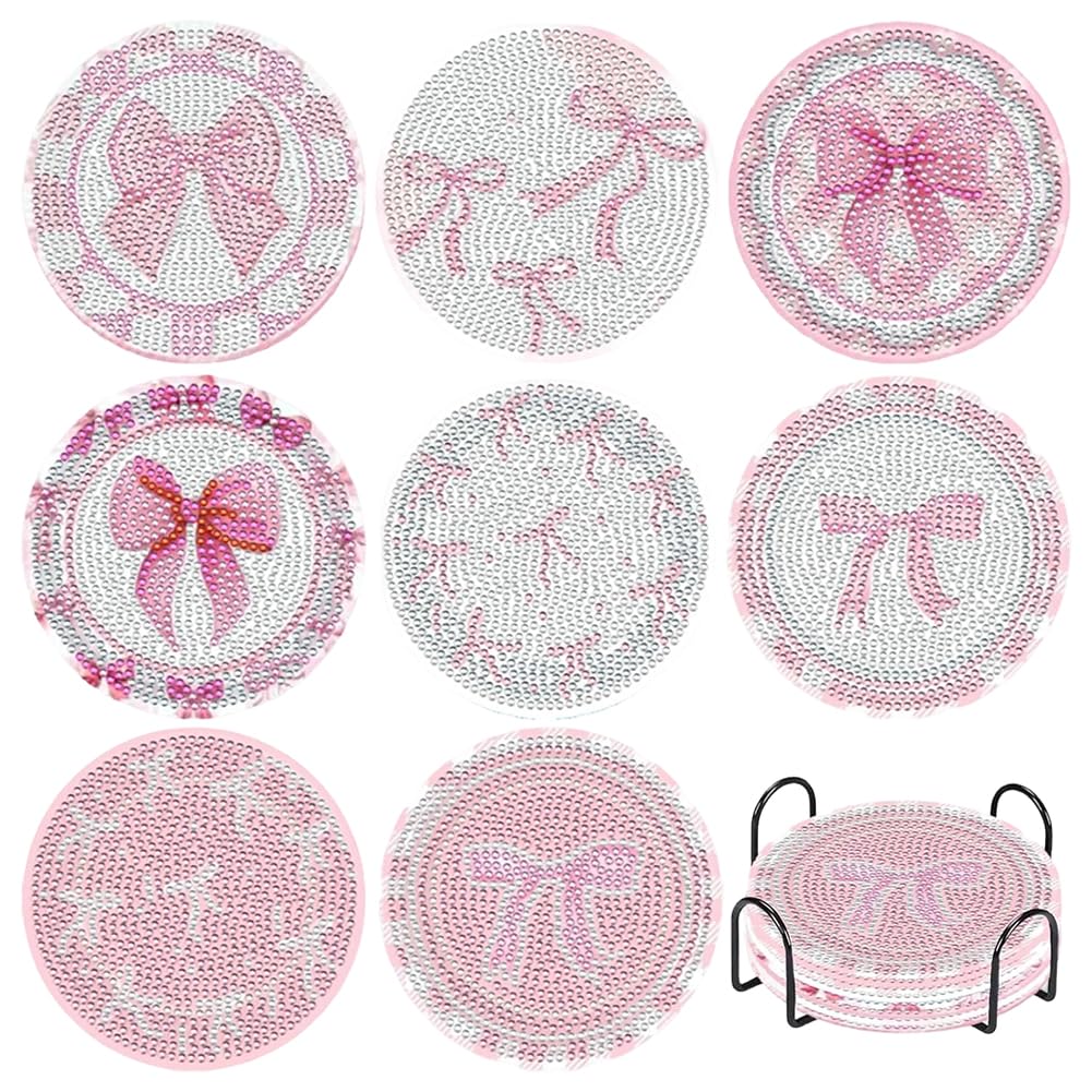 Vexthorion Pink Bow Diamond Art Painting Coasters Kits 8 Pack, Coaster with Holder for Adults, Non-Slip DIY Dot Paint Craft Kits,5D Full Drill DIY Diamond Dot Gem Art Kit Home Decor Arts Craft