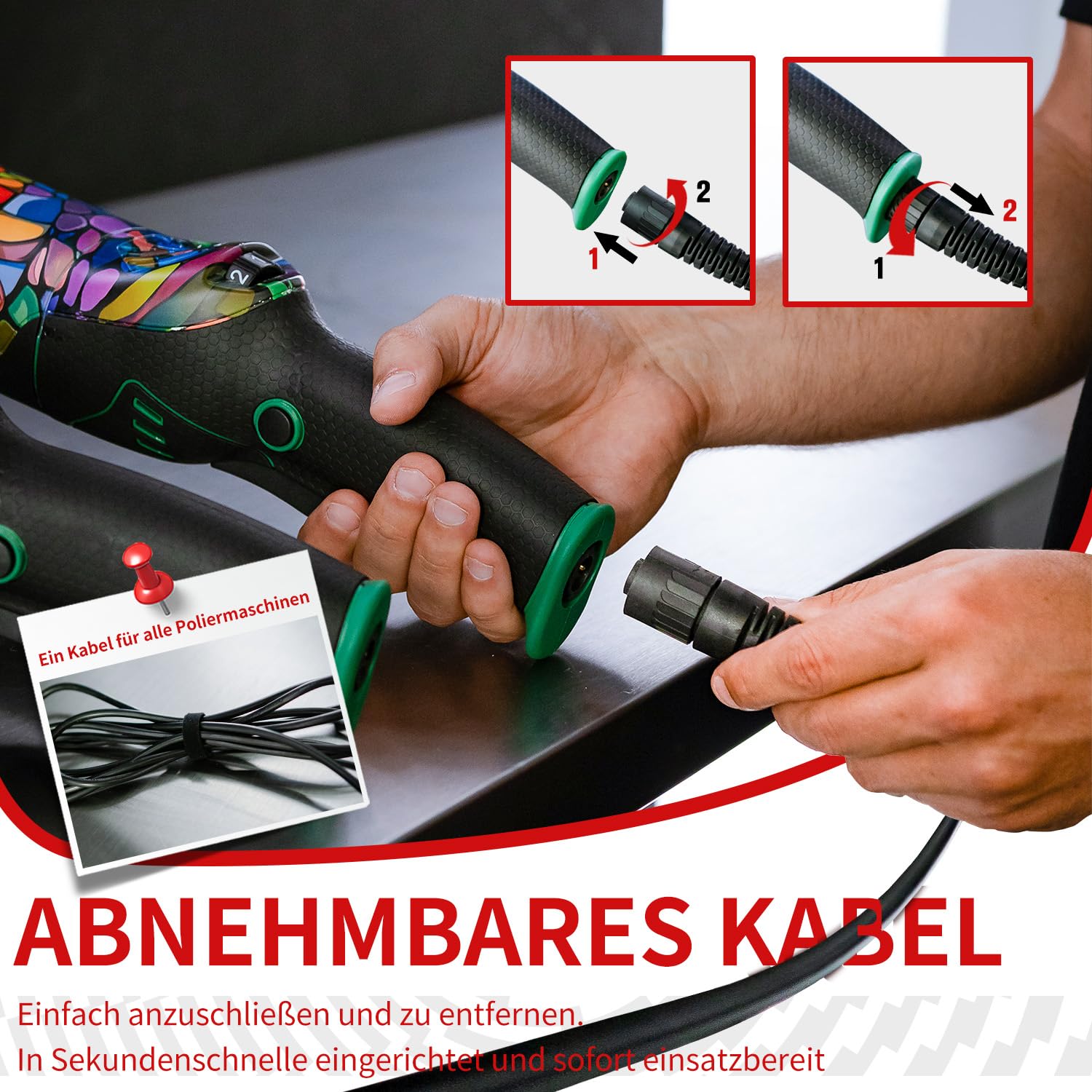 BATOCA P1 Auto Exzenter Poliermaschine Set 1000W 125mm Polierer 15mm Hub | 6 Gänge 2500-5500 RPM, 5m abnehmbares Kabel, Polierer für Auto & Motorrad, ideal für Polieren, Wachsen & Kratzerentfernung