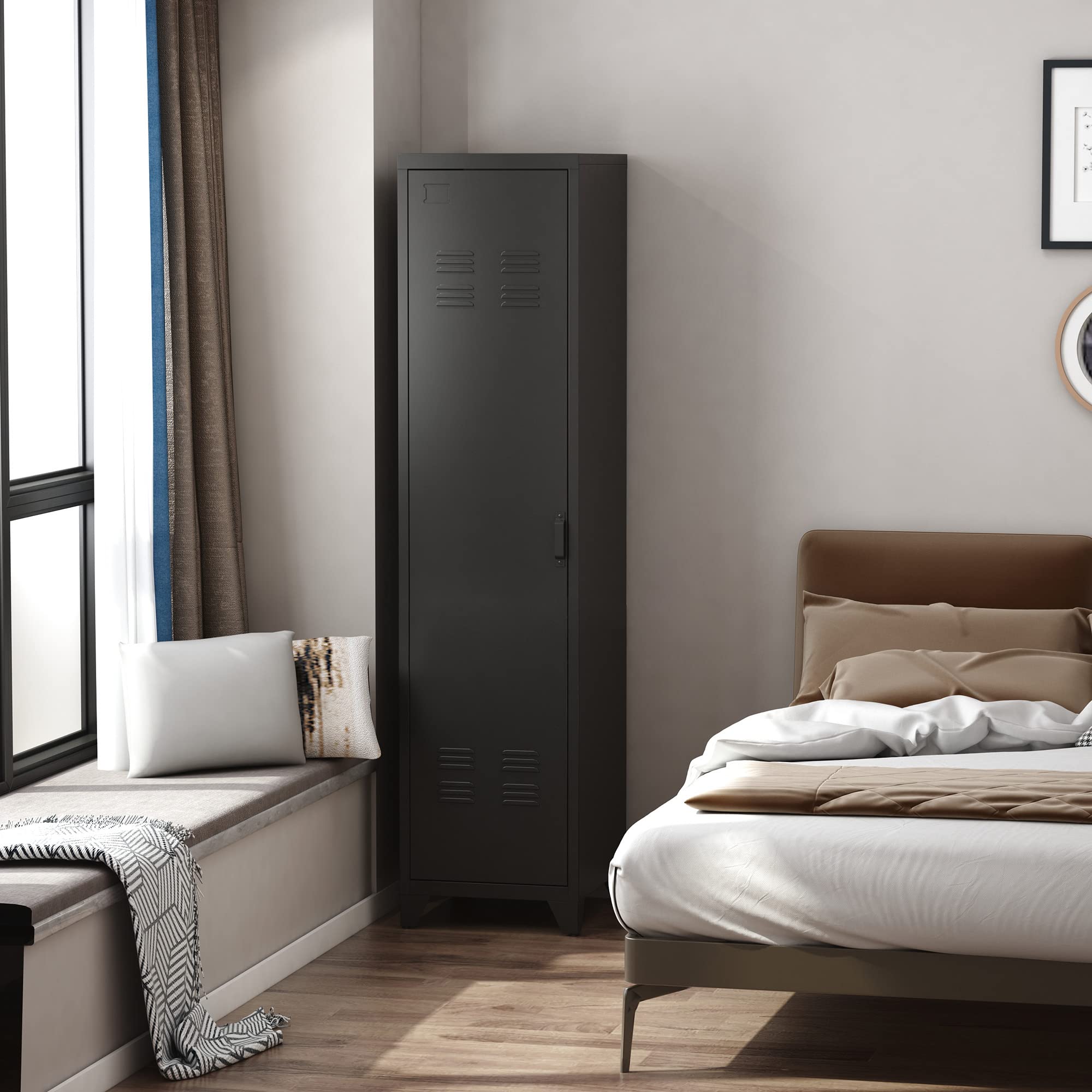 homcom Armario metálico de estilo industrial con una puerta, mueble multiusos para entrada y dormitorio, 43 x 50 x 180 cm, negro