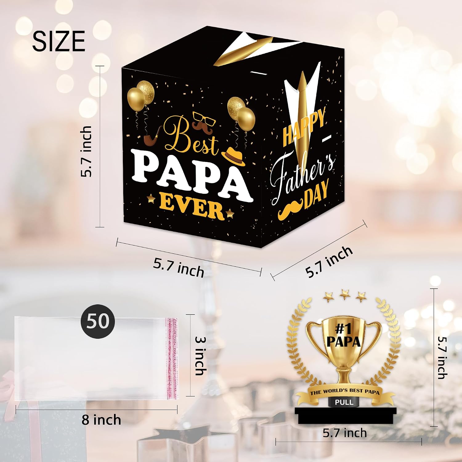 Papa Birthday Money Box for Cash Pull, Happy Birthday Black Gold Boxes Gifts for Money Pull Out Card, for Men, 50Pcs Transparent Bags