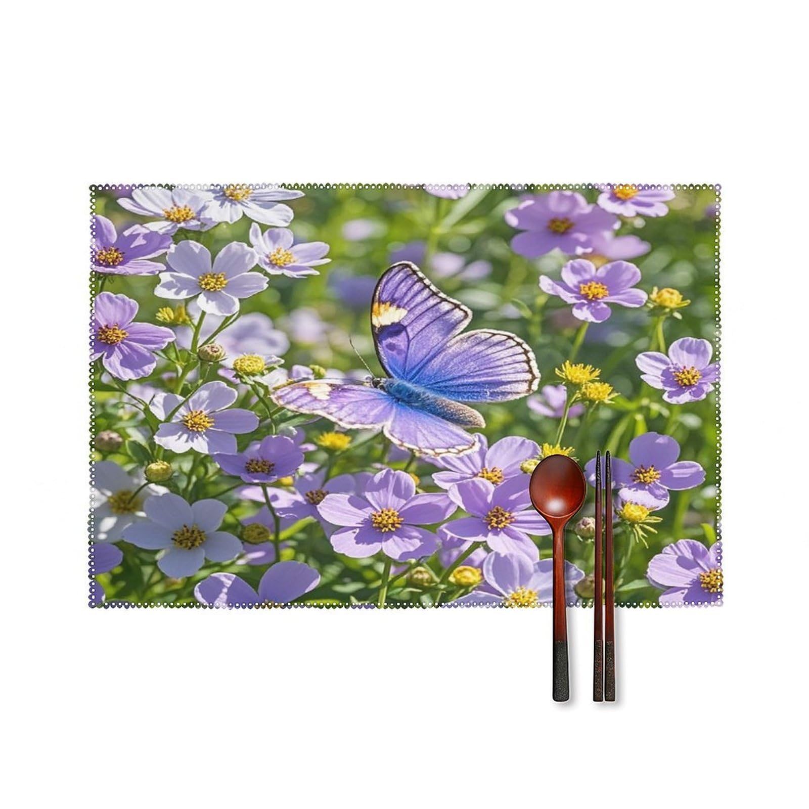 Purple Butterfly and Flowers Placemats Set of 6 Heat Resistant Non-Slip Place Mats Washable Wipeable Table Mats Elegant Farmhouse Placemat for Kitchen Dining Outdoor Party Table Decor