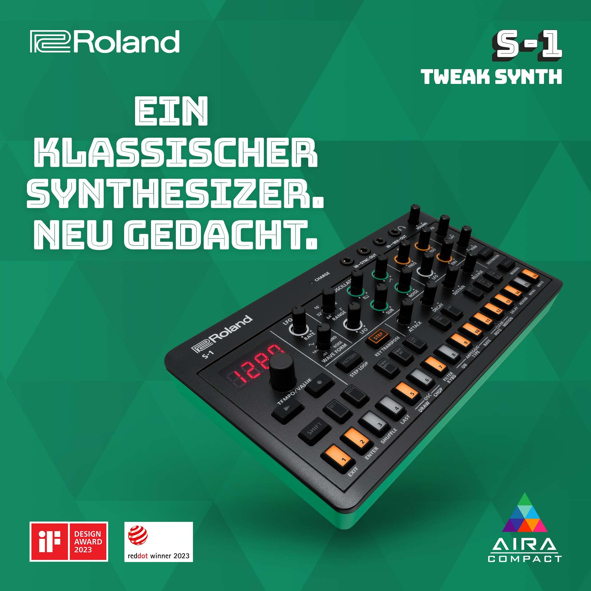 Roland AIRA Compact S-1 Tweak Synth | Ultraportabler Mikro-Polysynthesizer mit modernen Werkzeugen | D-Motion Soundsteuerung | 4,5 Stunden kabelloser Akkubetrieb | leicht & robust