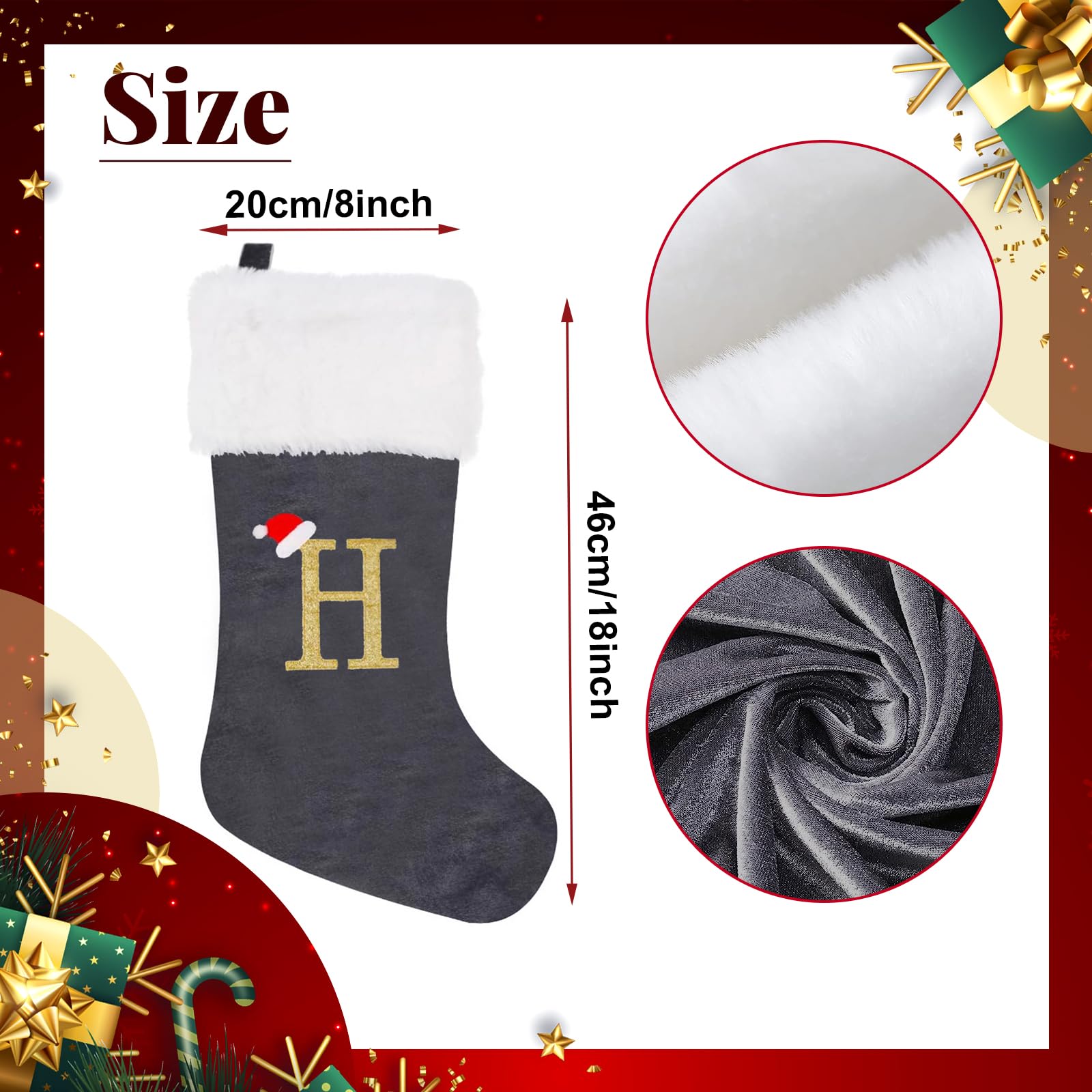 papasgix Personalisierte Weihnachtsstrümpfe mit Buchstaben Bestickter Nikolausstrumpf Christmas Stockings Plüschbündchen Kamin Deko Weihnachten Ornamente Geschenkhalter(Grau,5pcs)